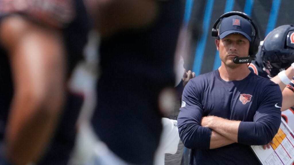 Chicago Bears head coach Ben Johnson on the sidelines against the Miami Dolphins during the first half at Soldier Field.