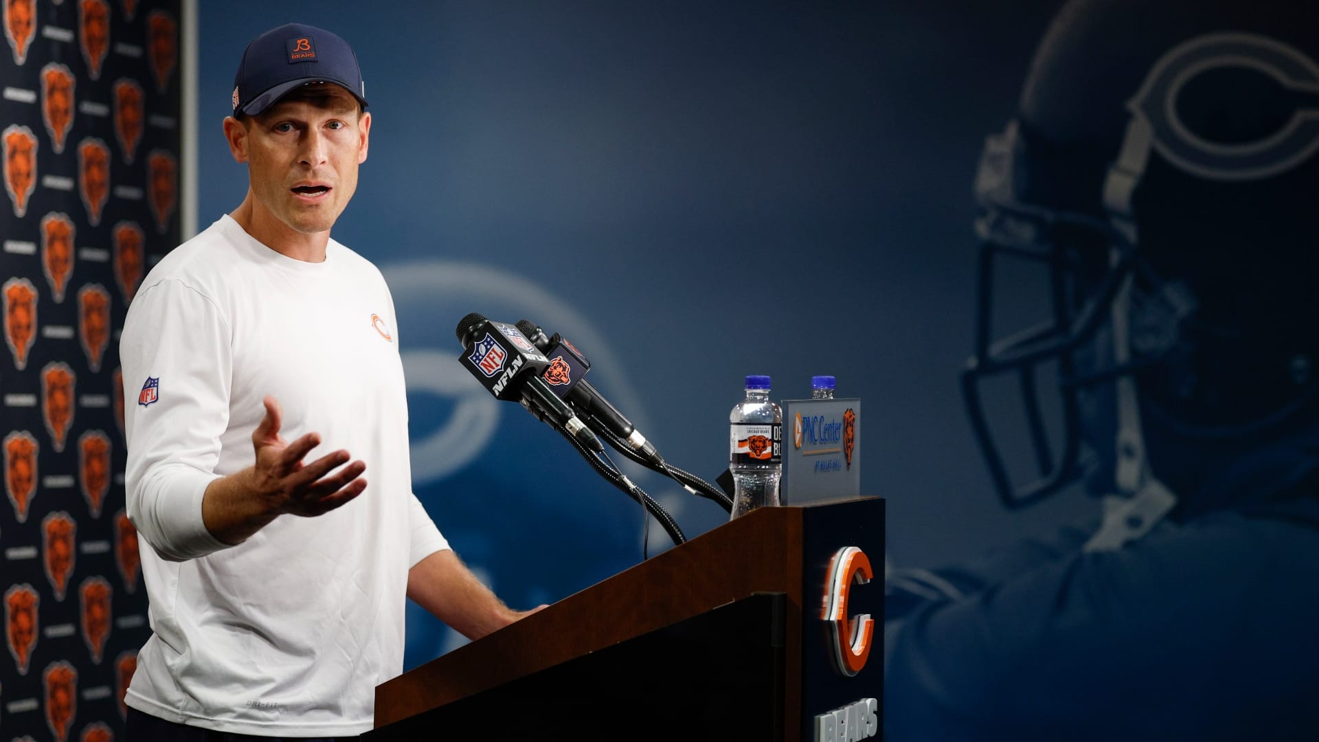 Chicago Bears head coach Ben Johnson speaks from the PNC Center at Halas Hall