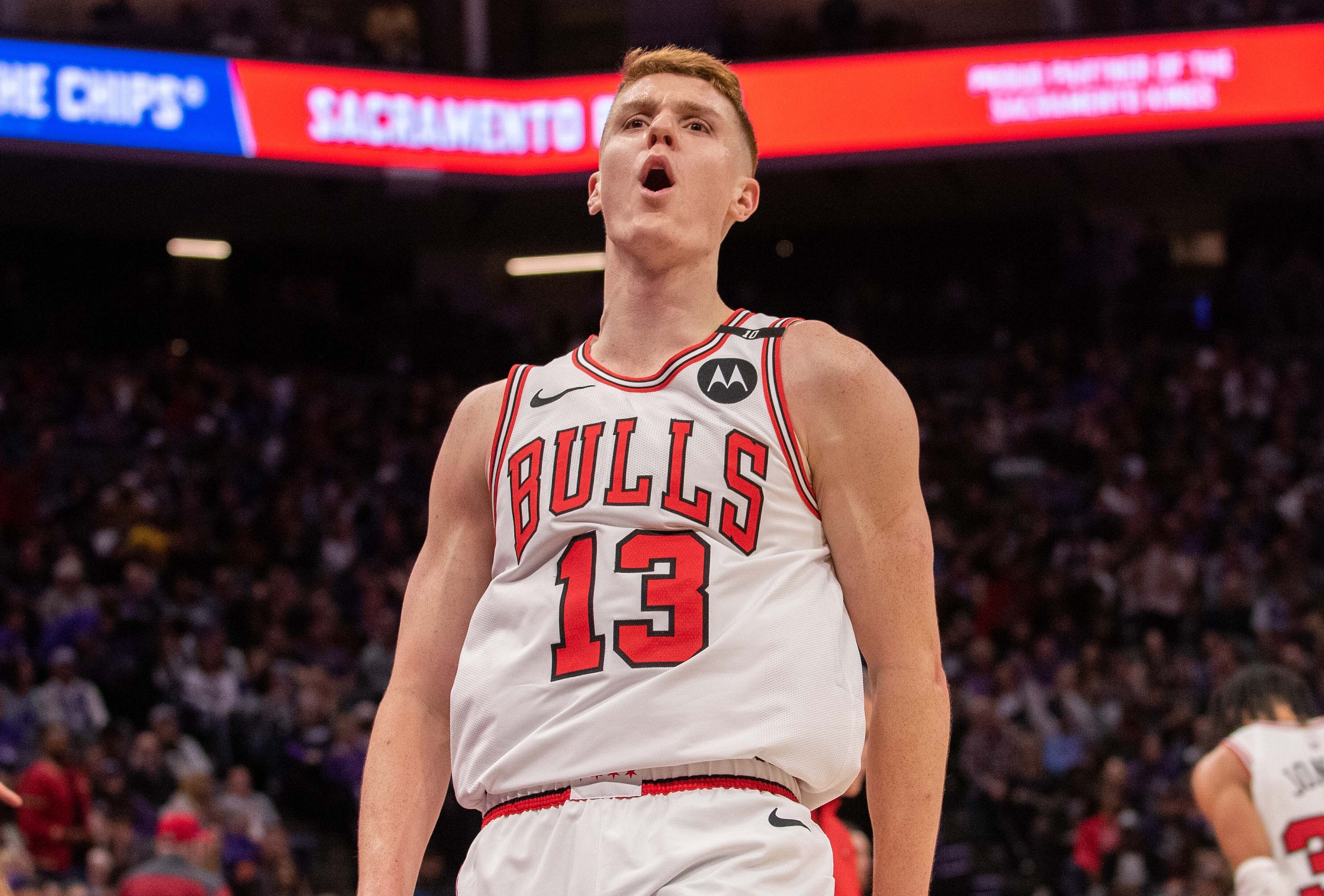 Mar 20, 2025; Sacramento, California, USA; Chicago Bulls guard Kevin Huerter (13) reacts after making a three-point shot during the fourth quarter of the game against the Sacramento Kings at Golden 1 Center. Mandatory Credit: Ed Szczepanski-Imagn Images