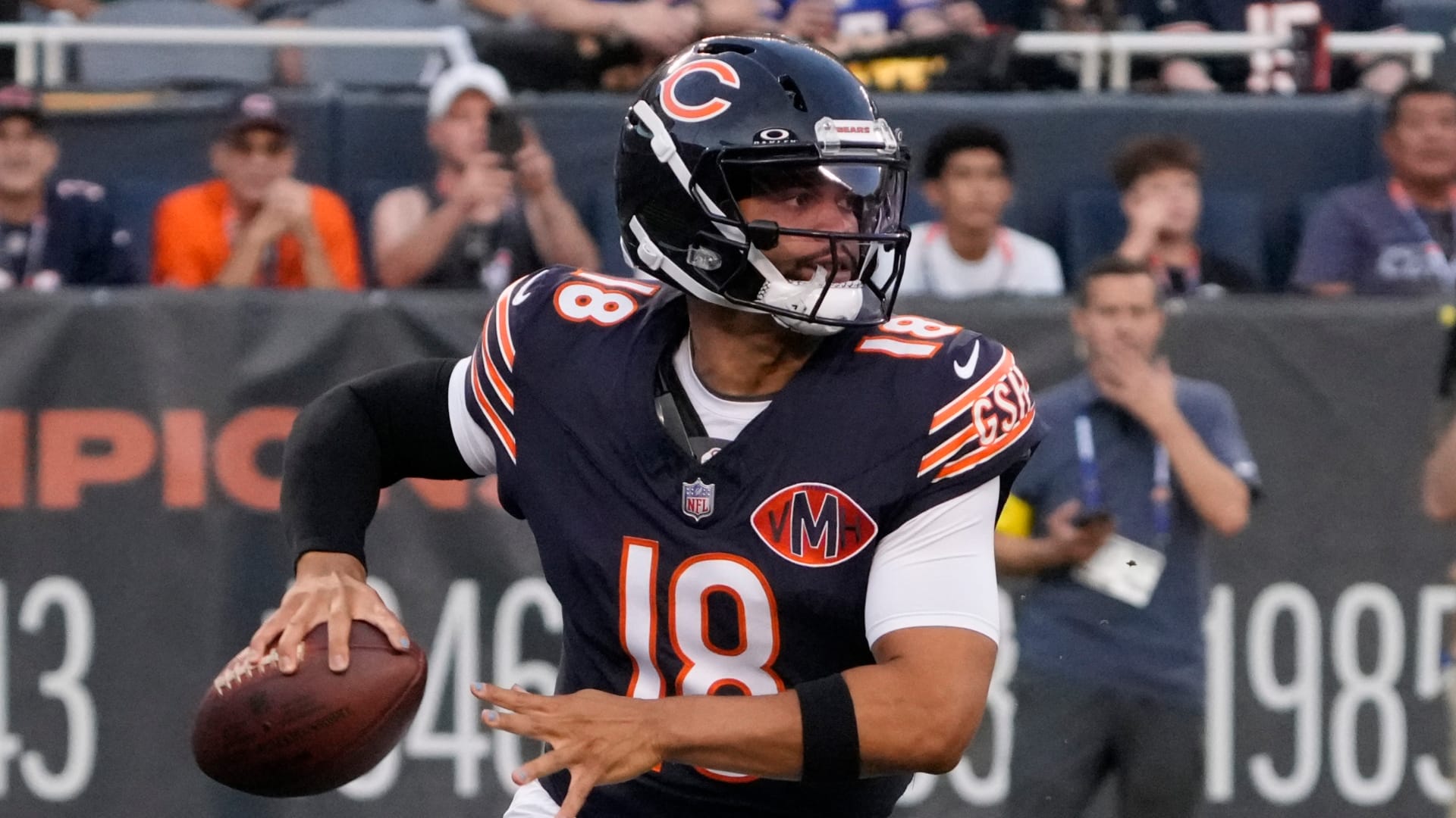 Chicago Bears quarterback Caleb Williams (18) looks to pass the ball against the Buffalo Bills during the first quarter at Soldier Field.