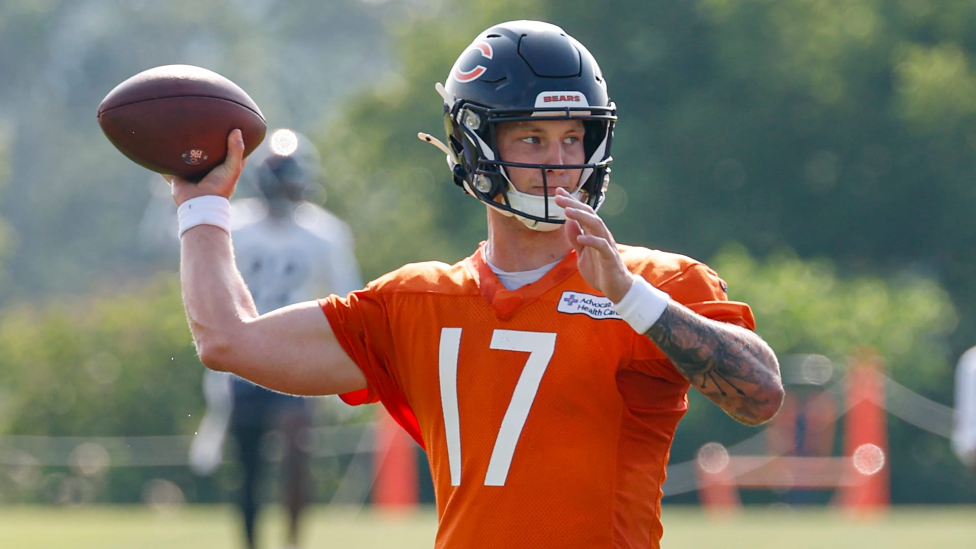 Chicago Bears quarterback Tyson Bagent (17) looks to pass the ball during training camp at Halas Hall.