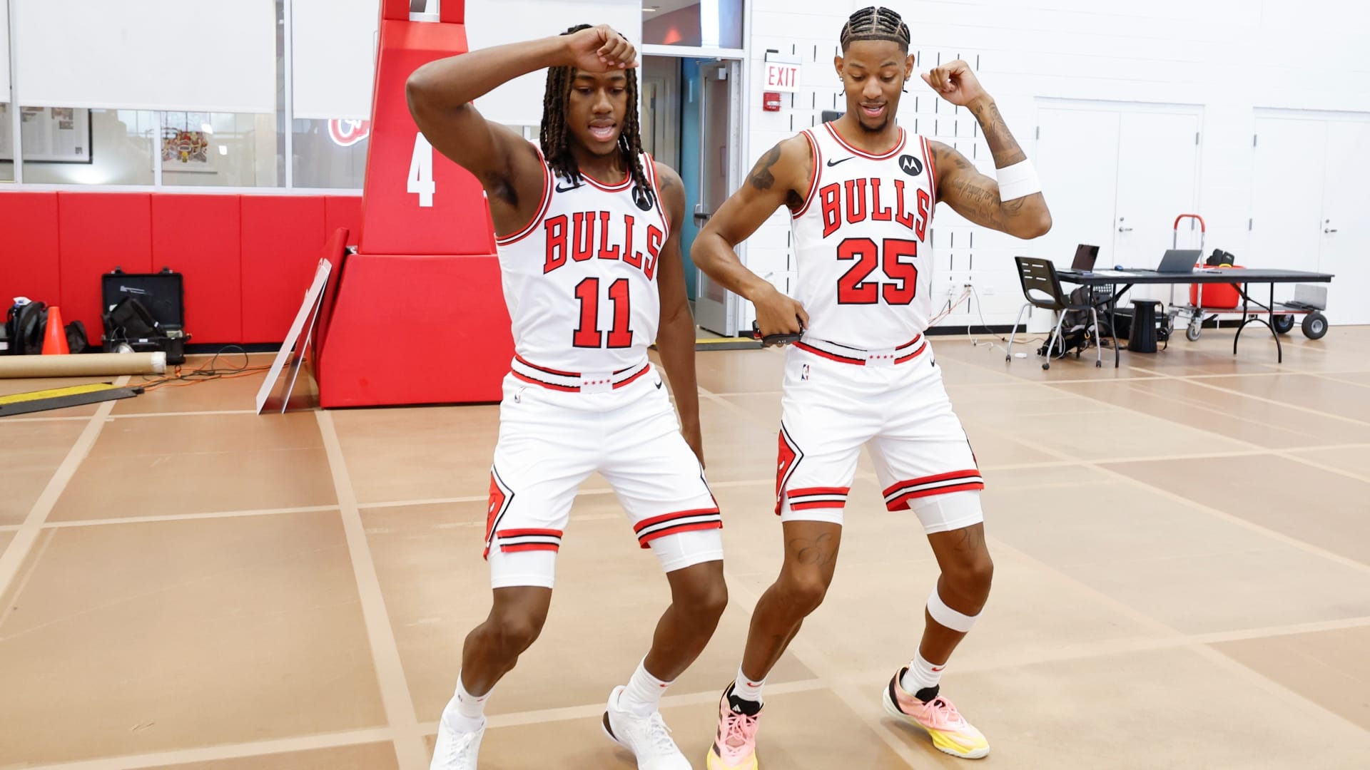 Chicago Bulls guard Ayo Dosunmu (11) and guard Dalen Terry (25) dance during Chicago Bulls Media Day.