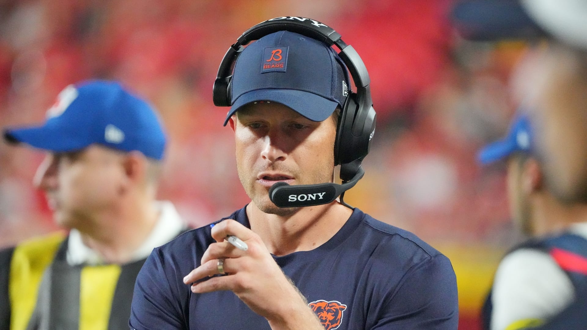 Chicago Bears head coach Ben Johnson on field against the Kansas City Chiefs during the second half of the game at GEHA Field at Arrowhead Stadium.