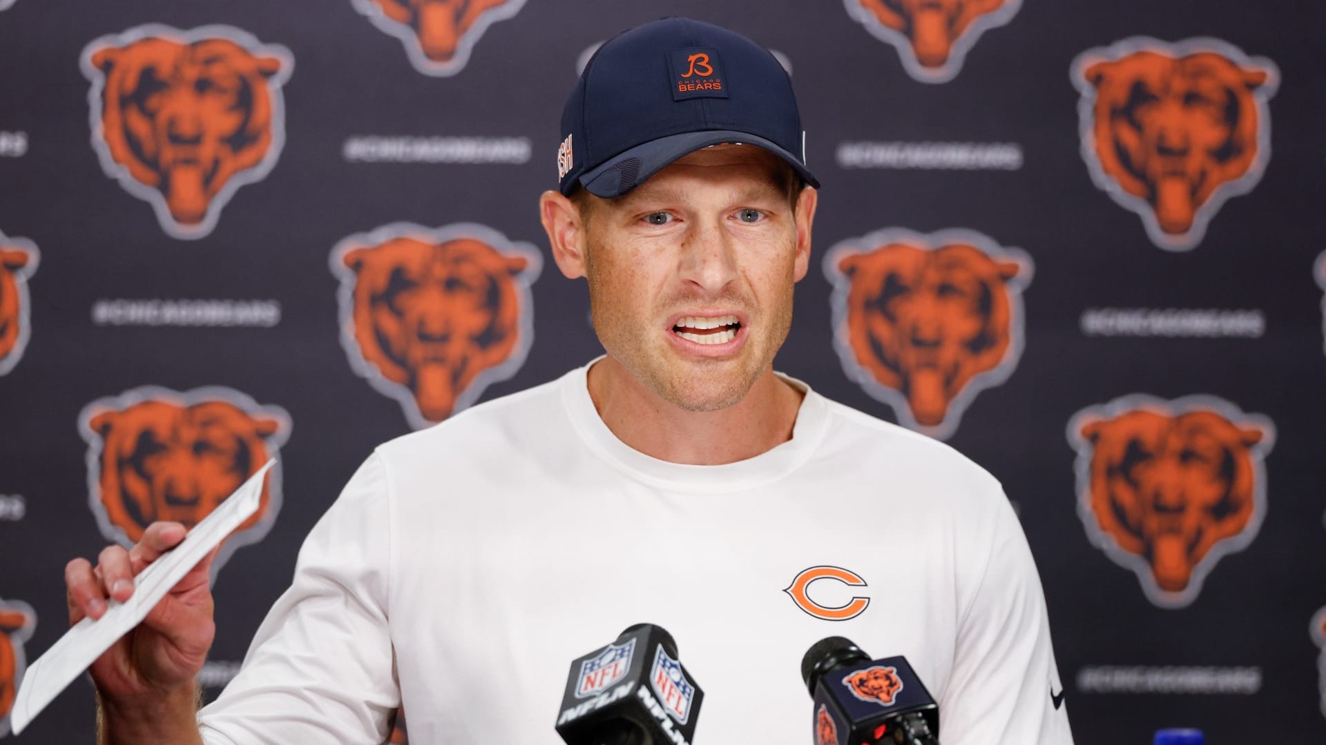 Chicago Bears head coach Ben Johnson addresses the media at Halas Hall before joint training camp practice with the Buffalo Bills ahead of Sunday's preseason game.