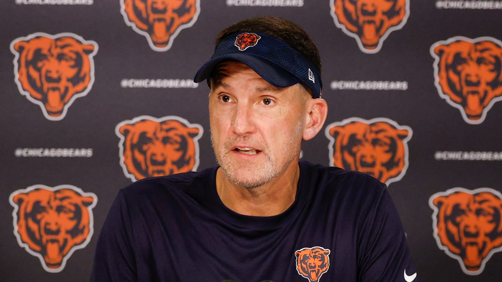 Chicago Bears defensive coordinator Dennis Allen speaks during training camp at Halas Hall.