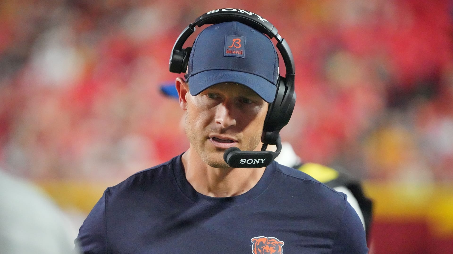 Chicago Bears head coach Ben Johnson on field against the Kansas City Chiefs during the second half of the game at GEHA Field at Arrowhead Stadium.
