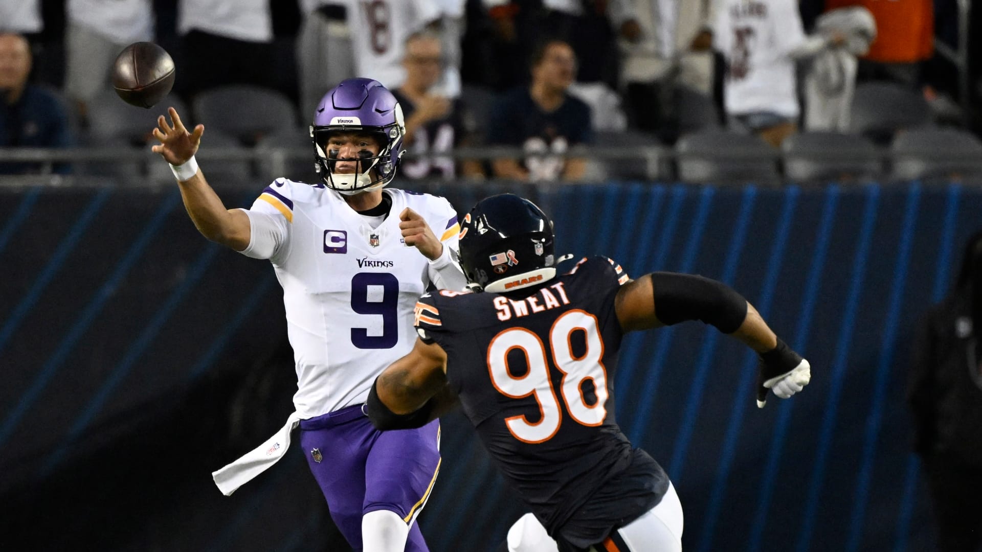 Sep 8, 2025; Chicago, Illinois, USA; Minnesota Vikings quarterback J.J. McCarthy (9) drops back to pass against the Chicago Bears during the first half at Soldier Field.