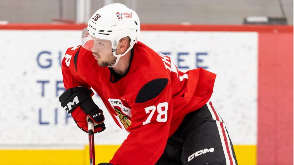 Blackhawks Prospect Aidan Thompson during the Tom Kurvers Prospect Showcase practice