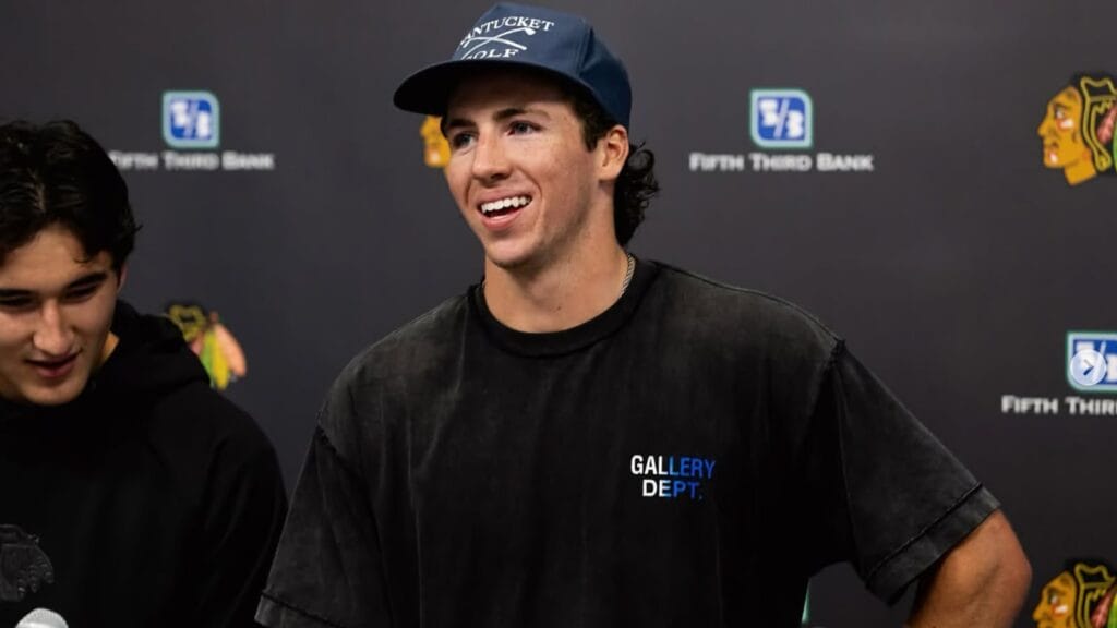 AJ Spellacy speaks to the media at Blackhawks 2025 Prospect Camp