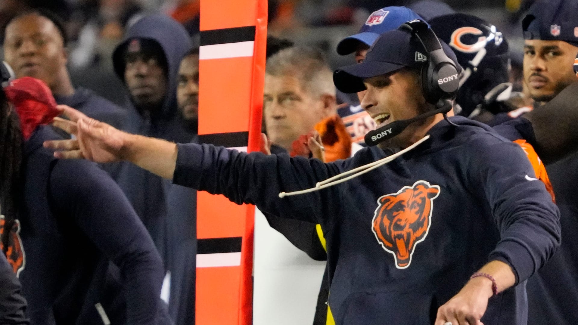 Chicago Bears head coach Ben Johnson reacts during the second half at Soldier Field.