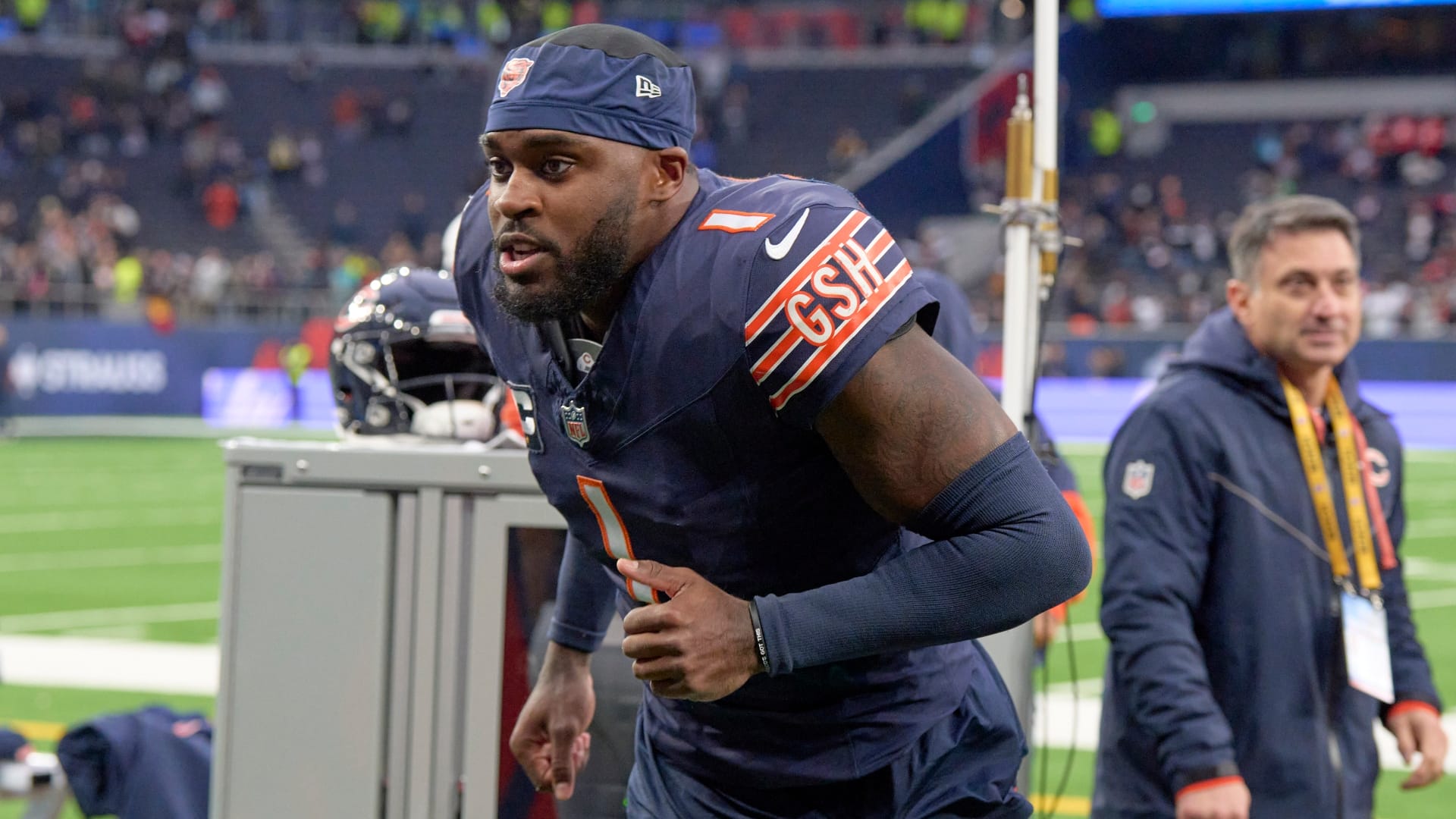 Chicago Bears cornerback Jaylon Johnson (1) after an NFL International Series game at Tottenham Hotspur Stadium.
