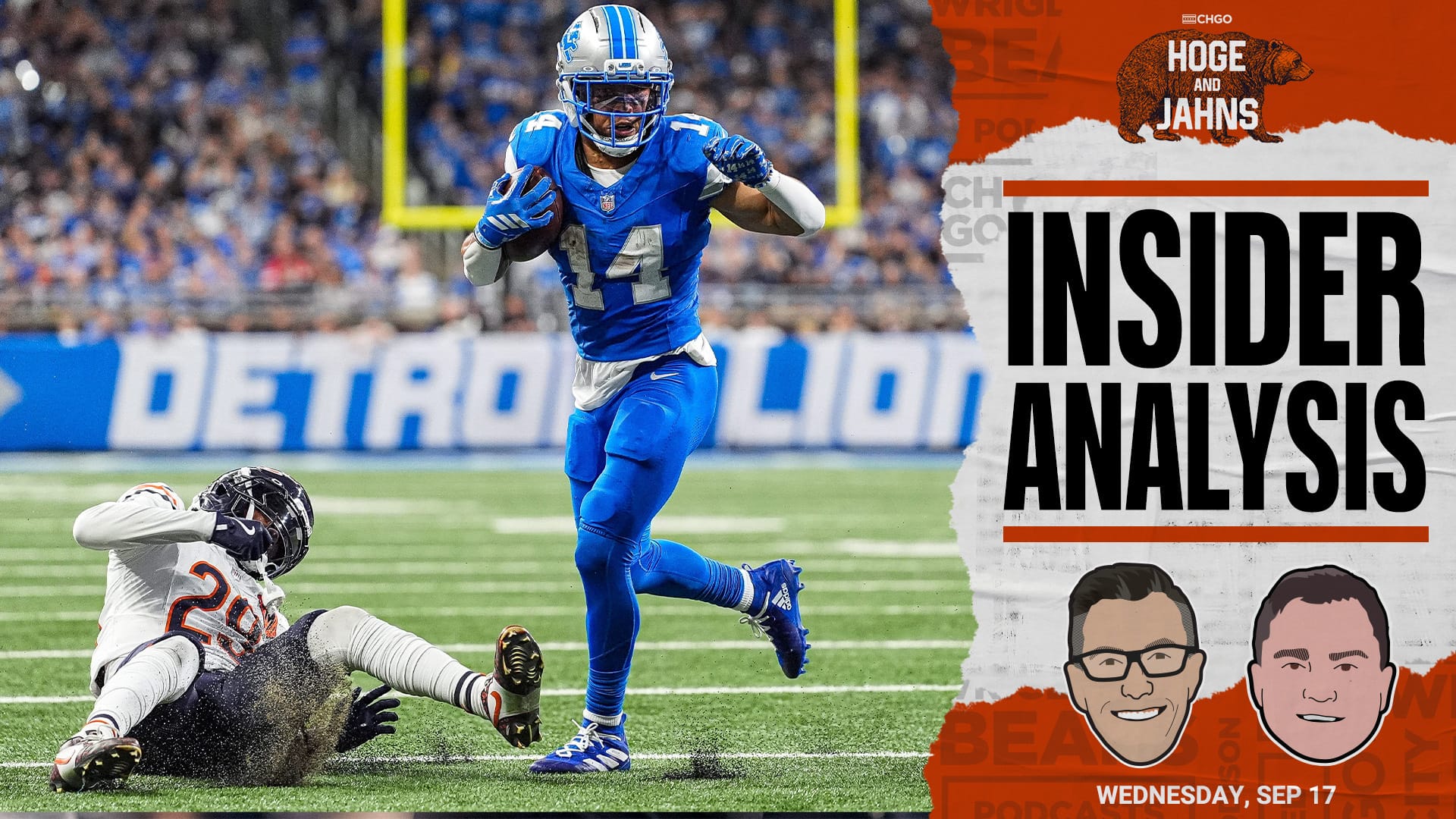 Detroit Lions wide receiver Amon-Ra St. Brown (14) makes a catch against Chicago Bears cornerback Tyrique Stevenson (29) during the second half at Ford Field in Detroit on Sunday, Sept. 14, 2025.