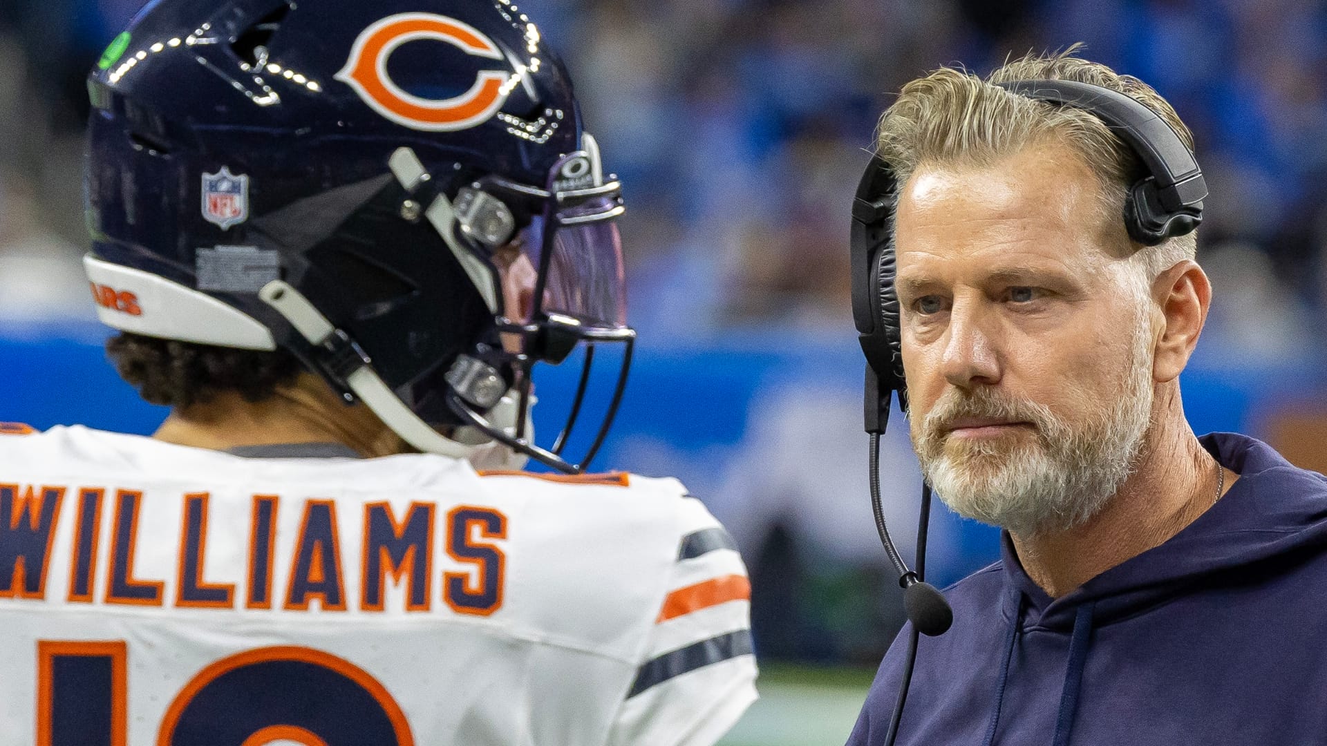 Nov 28, 2024; Detroit, Michigan, USA; Chicago Bears head coach Matt Eberflus talks to quarterback Caleb Williams (18) on the sidelines during the second half against the Detroit Lions at Ford Field.