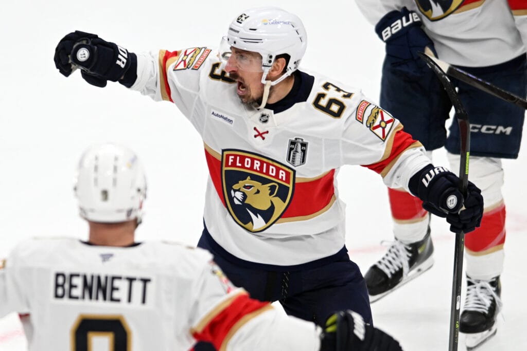 Florida Panthers center Brad Marchand, who commented on the league's state tax loophole, (63) reacts after scoring a goal against the Edmonton Oilers during the second period in game one of the 2025 Stanley Cup Final at Rogers Place.