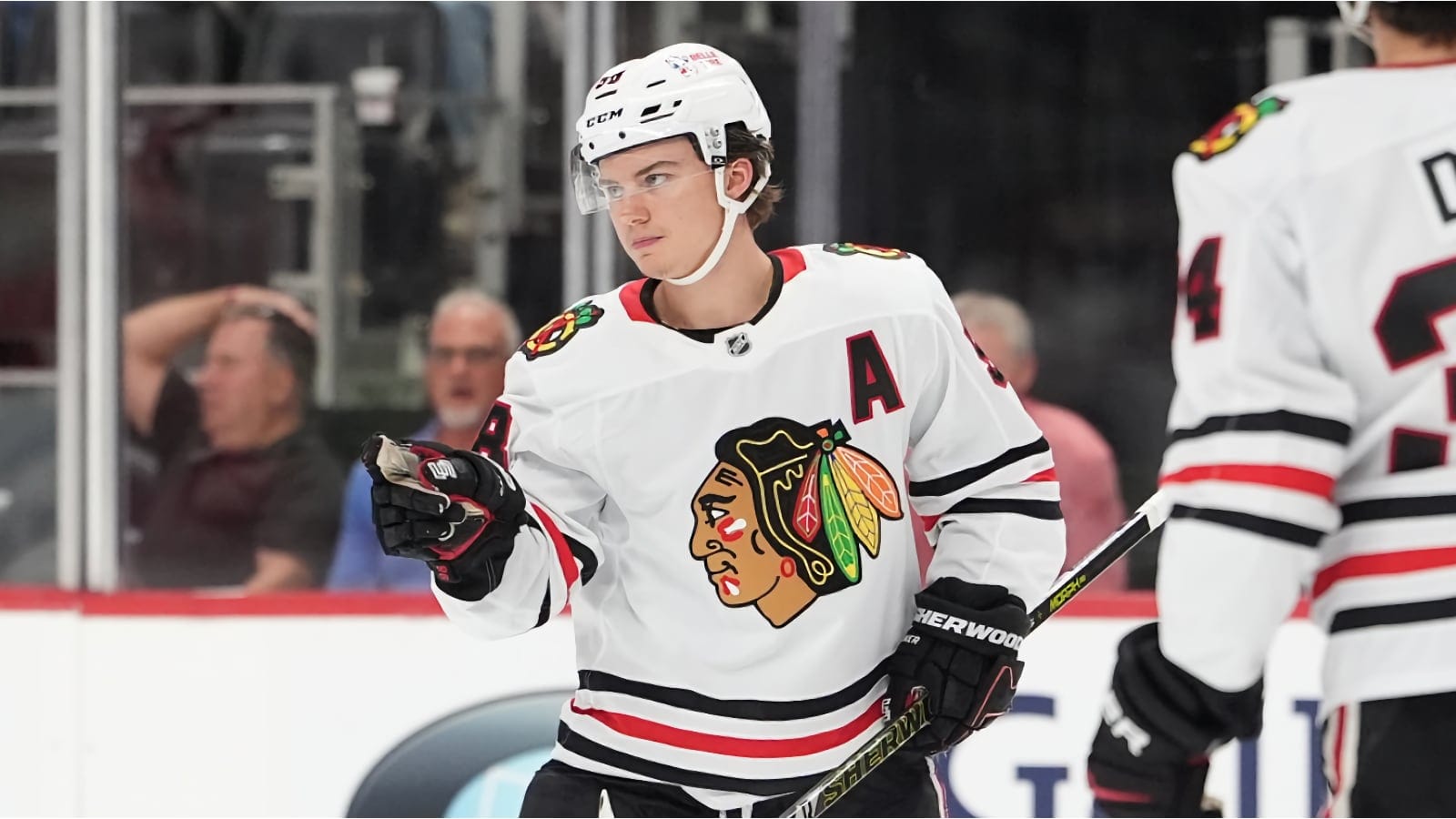 Blackhawks F Connor Bedard celebrates after scoring a goal in preseason action against the Detroit Red Wings.