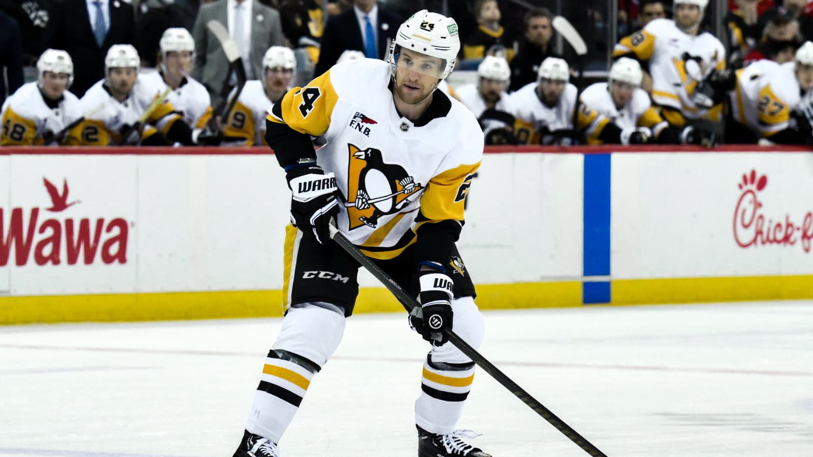 Apr 11, 2025; Newark, New Jersey, USA; Pittsburgh Penguins defenseman Matt Grzelcyk (24) controls the puck during the third period against the New Jersey Devils at Prudential Center.