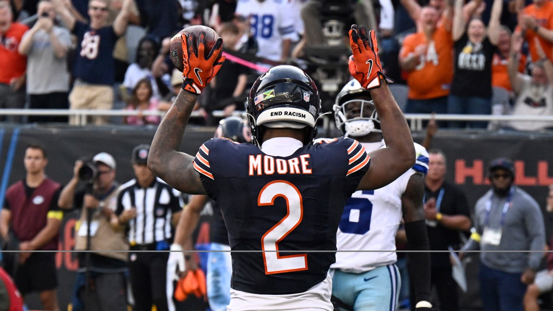 Chicago Bears wide receiver DJ Moore (2) reacts after scoring a touchdown against the Dallas Cowboys during the second half at Soldier Field.