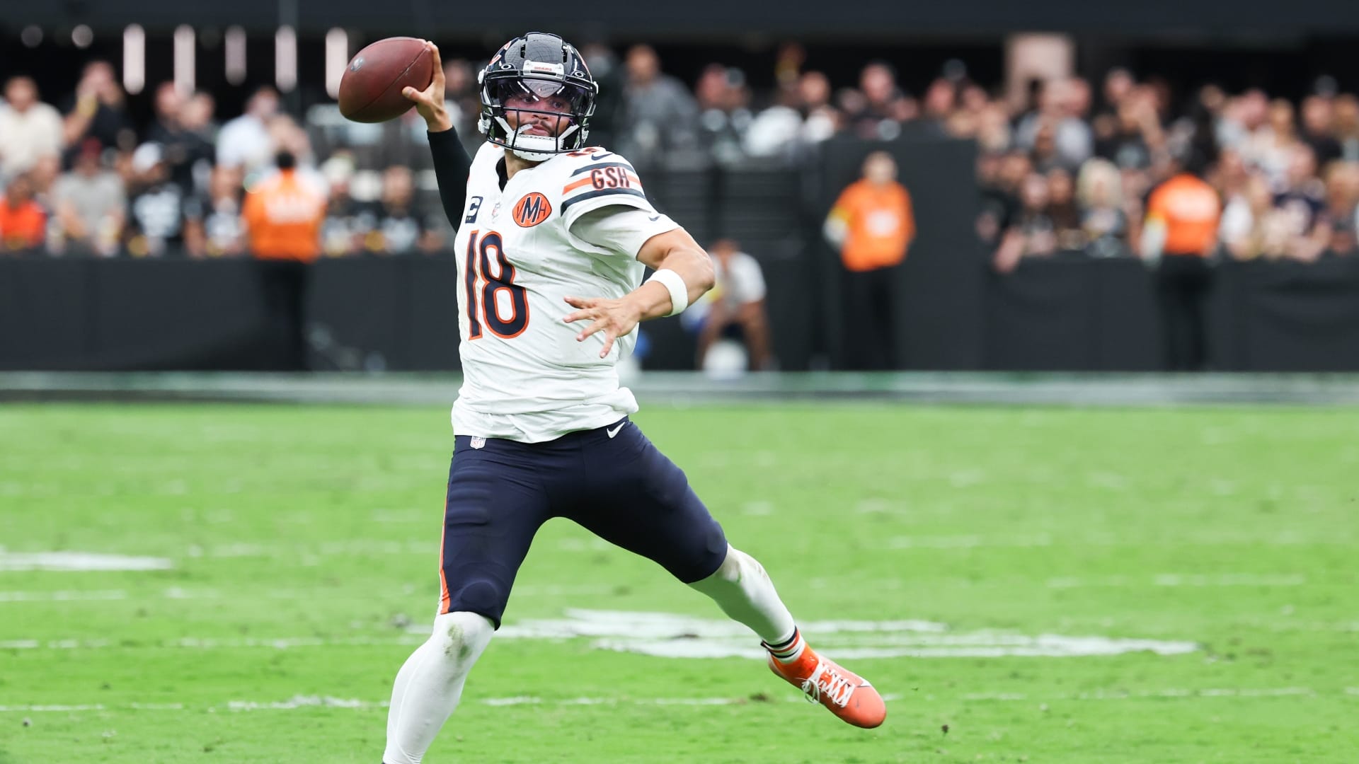 Sep 28, 2025; Paradise, Nevada, USA; Chicago Bears quarterback Caleb Williams (18) throws the ball in the second quarter against the Chicago Bears at Allegiant Stadium.