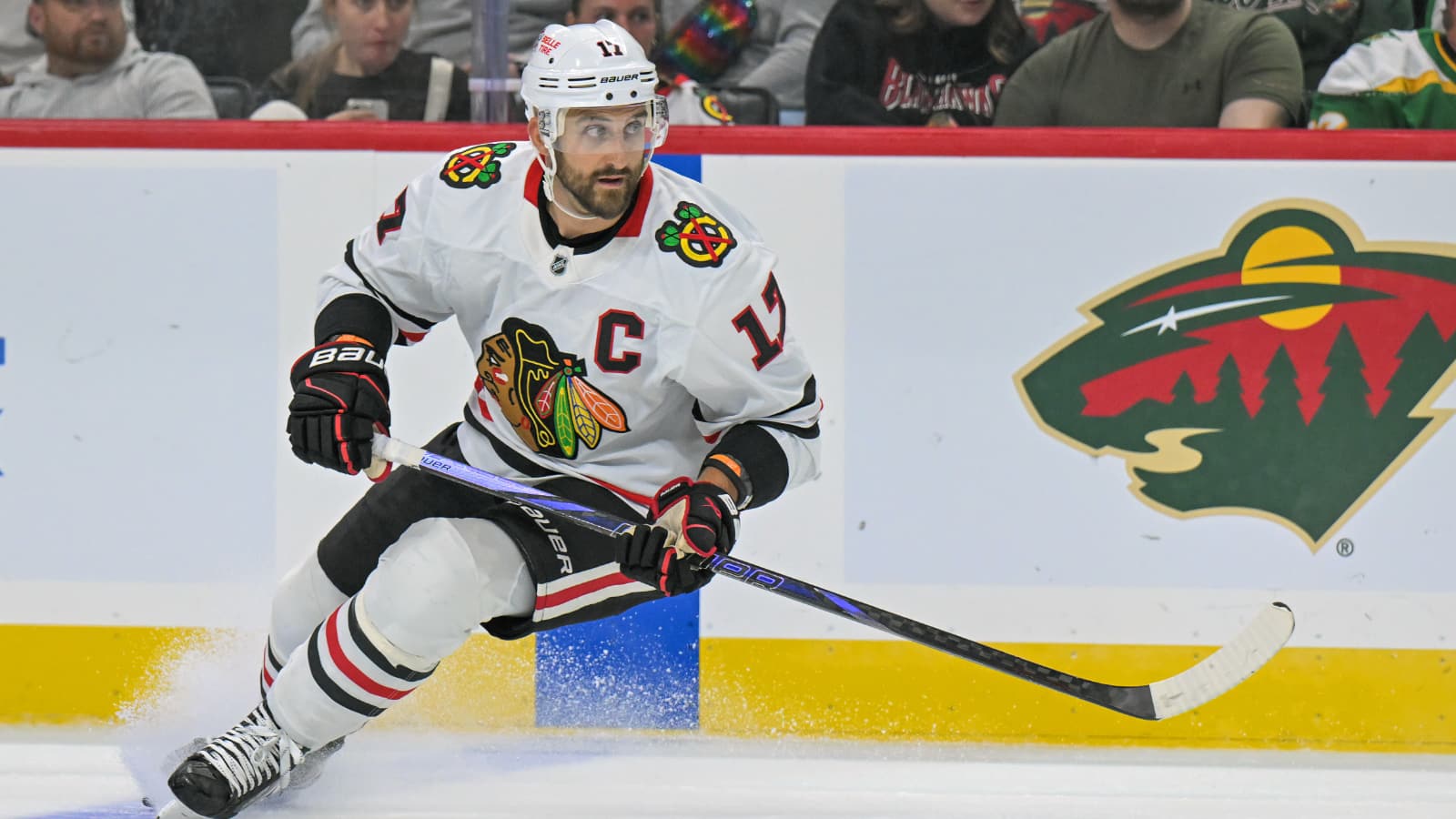 Sep 28, 2025; Saint Paul, Minnesota, USA; Chicago Blackhawks forward Nick Foligno (17) follows the play against the Minnesota Wild during the third period at Xcel Energy Center.