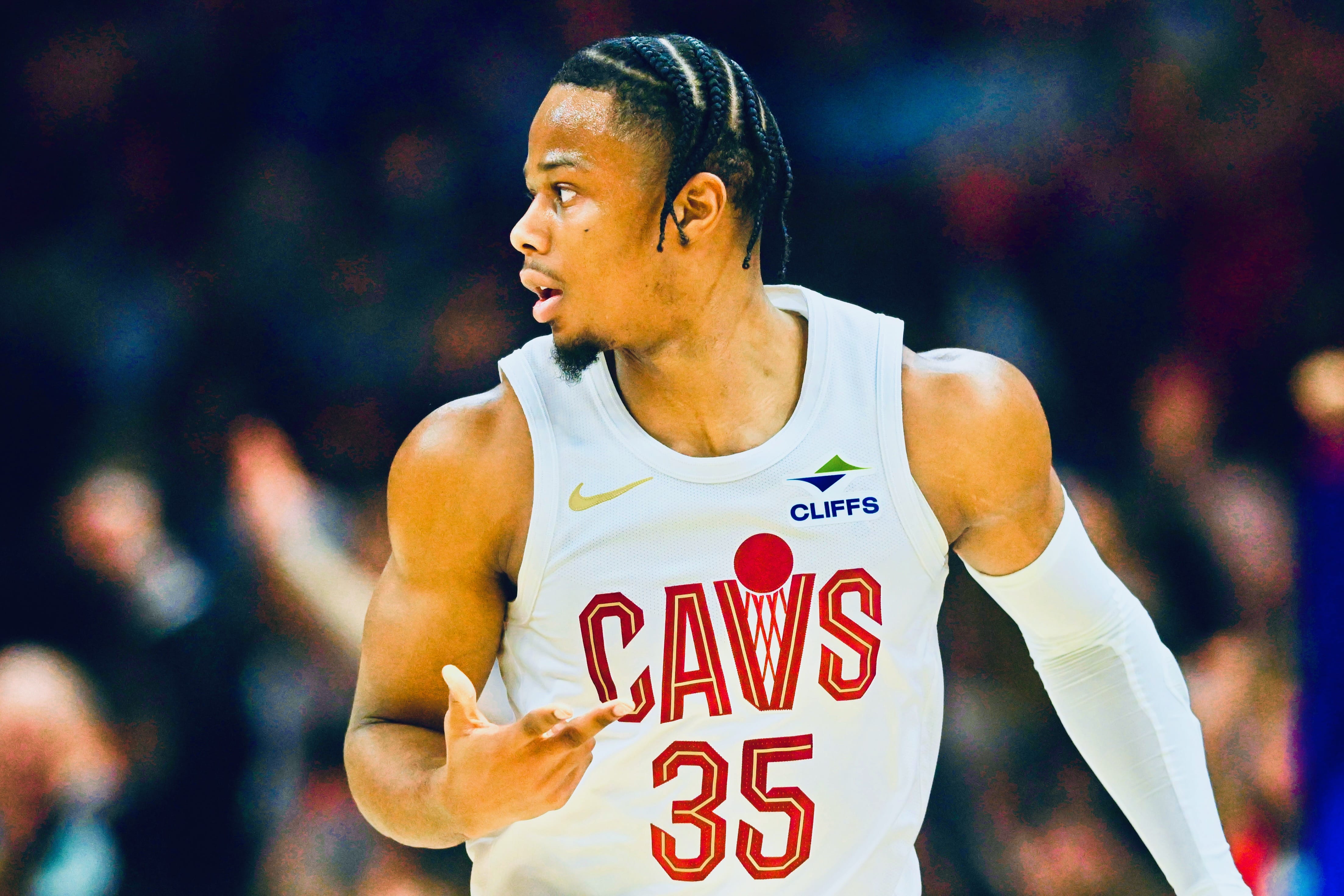 Nov 27, 2024; Cleveland, Ohio, USA; Cleveland Cavaliers forward Isaac Okoro (35) celebrates his three-point basket in the first quarter against the Atlanta Hawks at Rocket Mortgage FieldHouse.