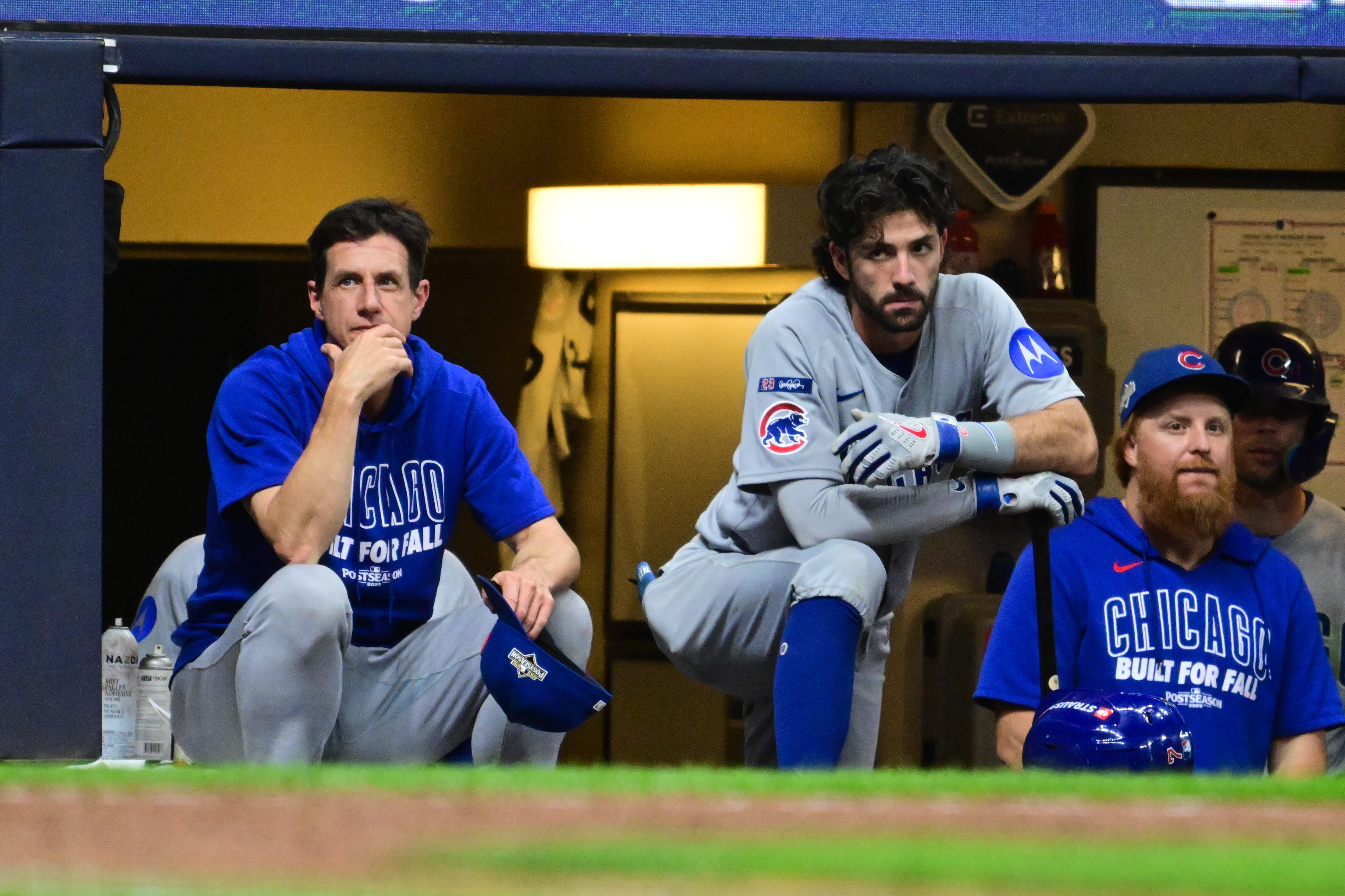 Oct 6, 2025; Milwaukee, Wisconsin, USA; Chicago Cubs manager Craig Counsell (11) looks on from the dugout during the ninth inning against the Milwaukee Brewers during game two of the NLDS round for the 2025 MLB playoffs at American Family Field.