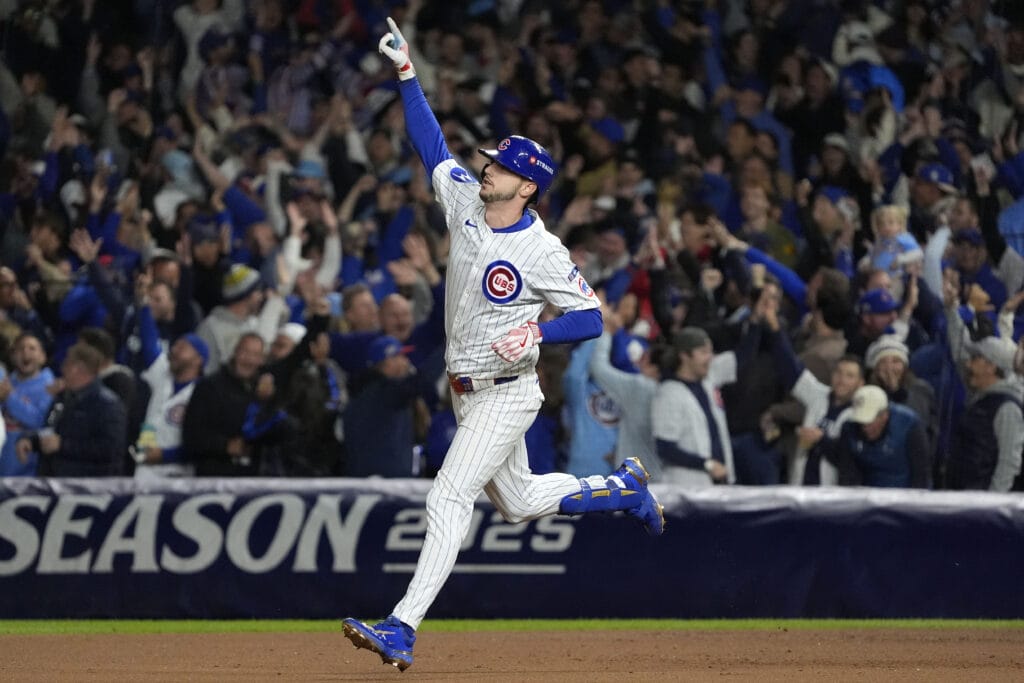 Oct 9, 2025; Chicago, Illinois, USA; Chicago Cubs right fielder Kyle Tucker (30) reacts after hitting a home run against the Milwaukee Brewers during the seventh inning for game four of the NLDS round for the 2025 MLB playoffs at Wrigley Field.