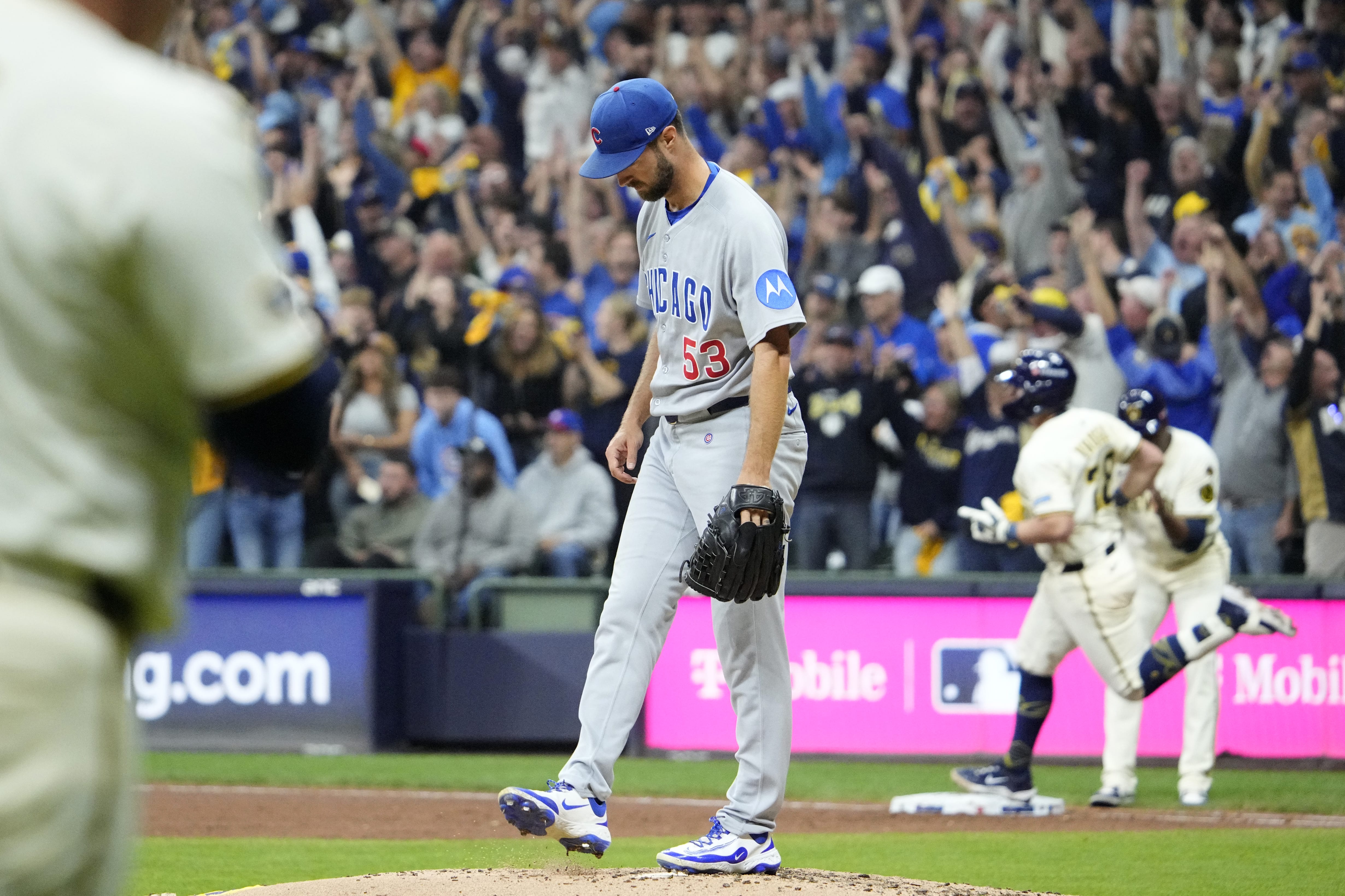 Oct 11, 2025; Milwaukee, Wisconsin, USA; Chicago Cubs pitcher Colin Rea (53) reacts in the fourth inning against the Milwaukee Brewers during game five of the NLDS round for the 2025 MLB playoffs at American Family Field.