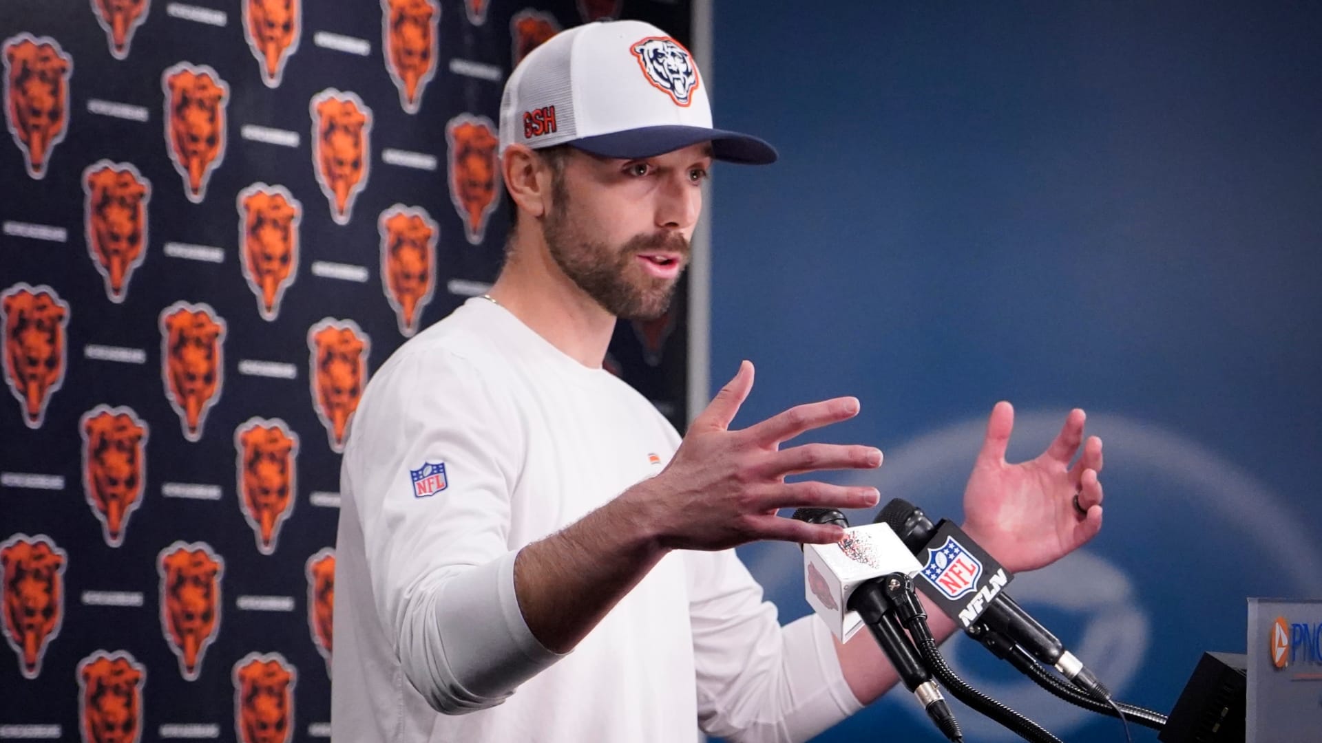 Chicago Bears offensive coordinator Declan Doyle answers questions after rookie minicamp at Halas Hall. Mandatory Credit: David Banks-Imagn Images