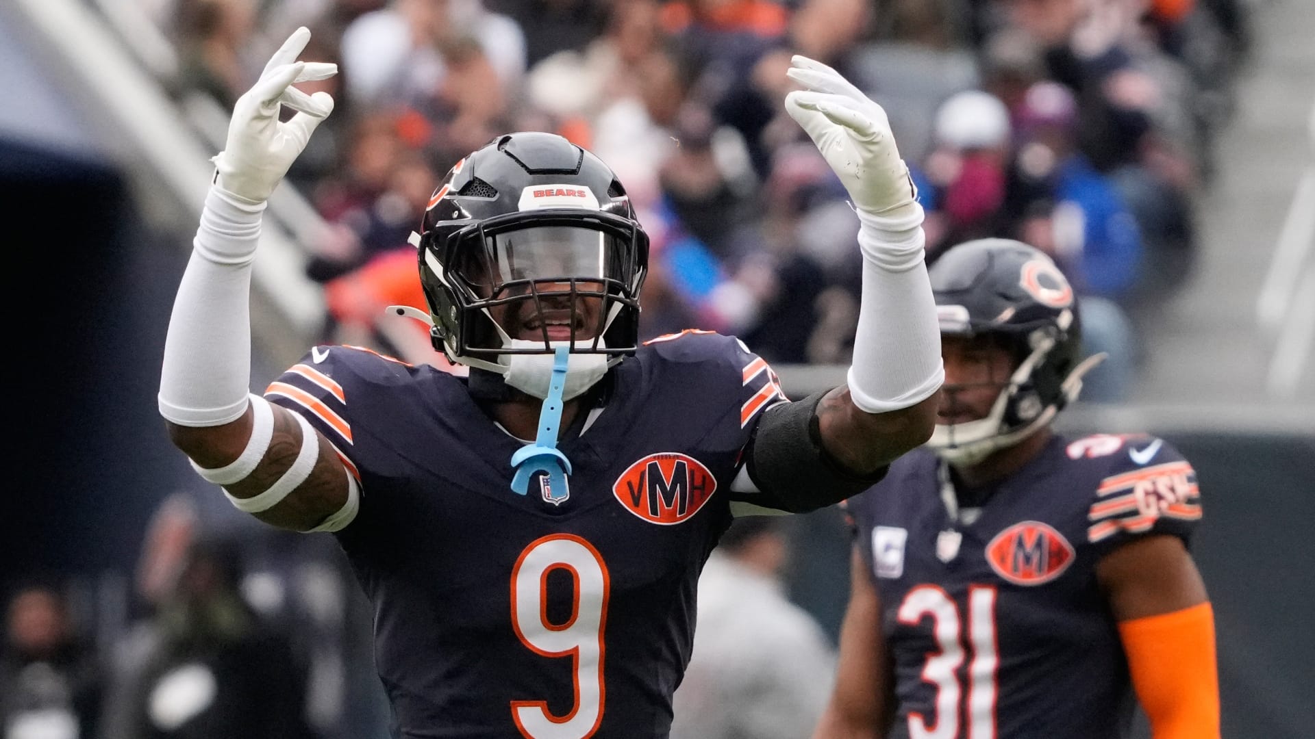 Chicago Bears safety Jaquan Brisker (9) reacts after making a defensive play against the New Orleans Saints during the first half at Soldier Field. Mandatory Credit: David Banks-Imagn Images