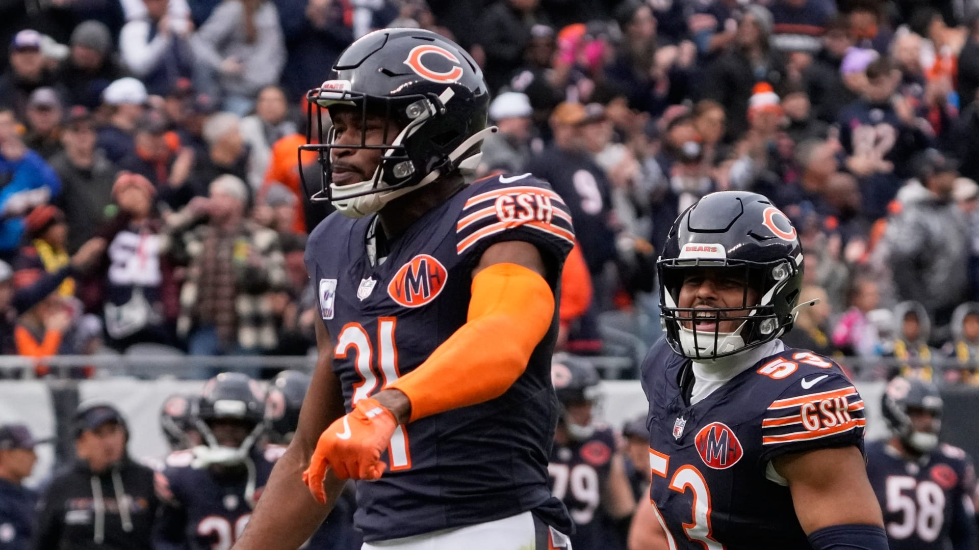 Chicago Bears free safety Kevin Byard (31) reacts after intercepting a pass intended for New Orleans Saints wide receiver Rashid Shaheed (not pictured) during the second half at Soldier Field. Mandatory Credit: David Banks-Imagn Images