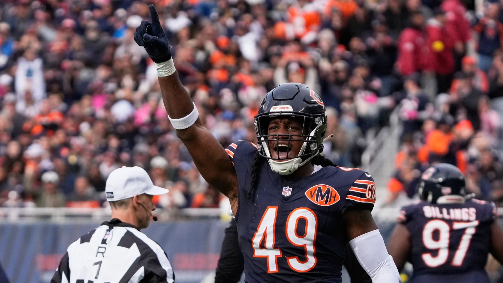Chicago Bears middle linebacker Tremaine Edmunds (49) reacts after sacking New Orleans Saints quarterback Spencer Rattler (not pictured) during the second half at Soldier Field. Mandatory Credit: David Banks-Imagn Images