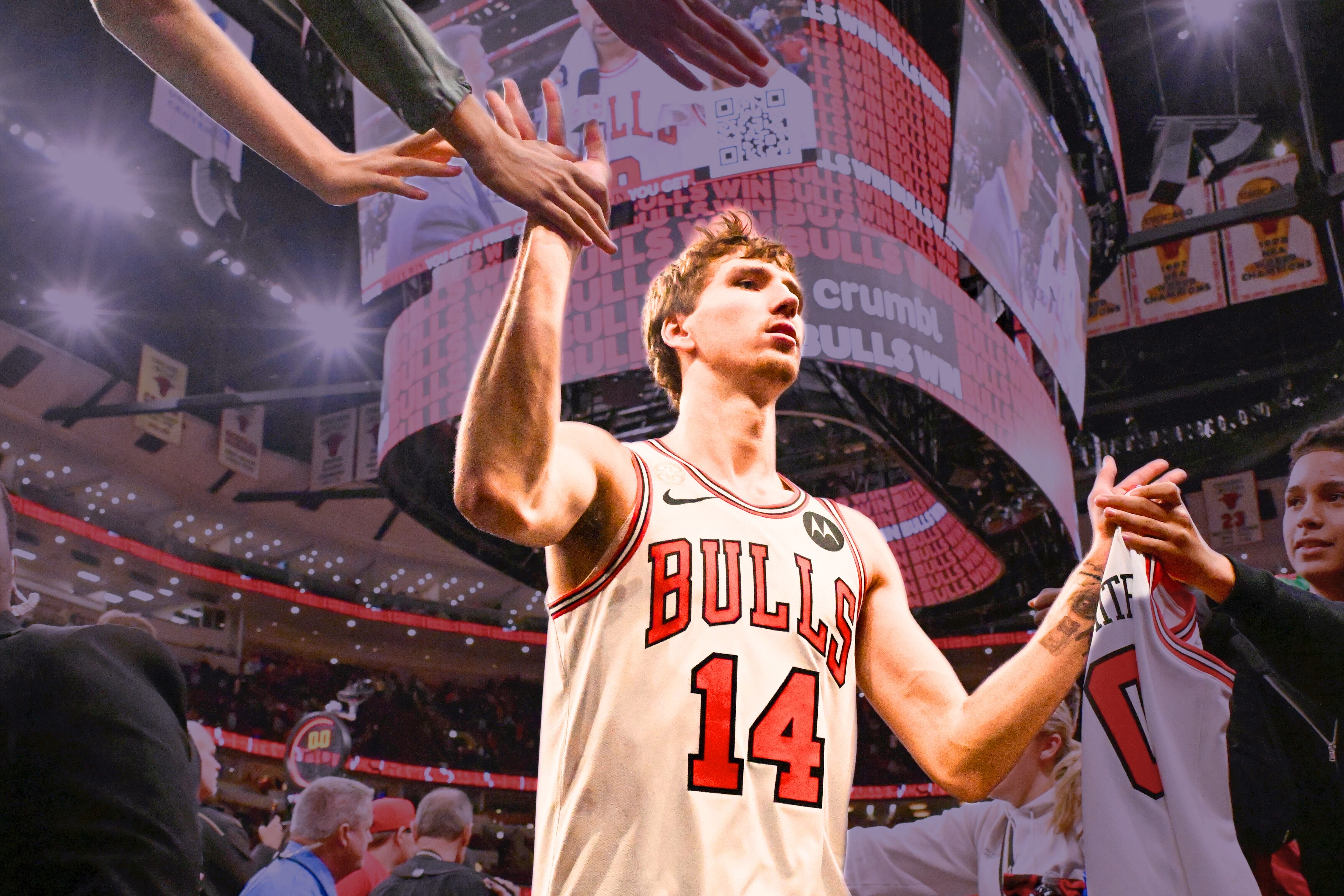 Oct 22, 2025; Chicago, Illinois, USA; Chicago Bulls forward Matas Buzelis (14) greets fans after the game against the Detroit Pistons at United Center.