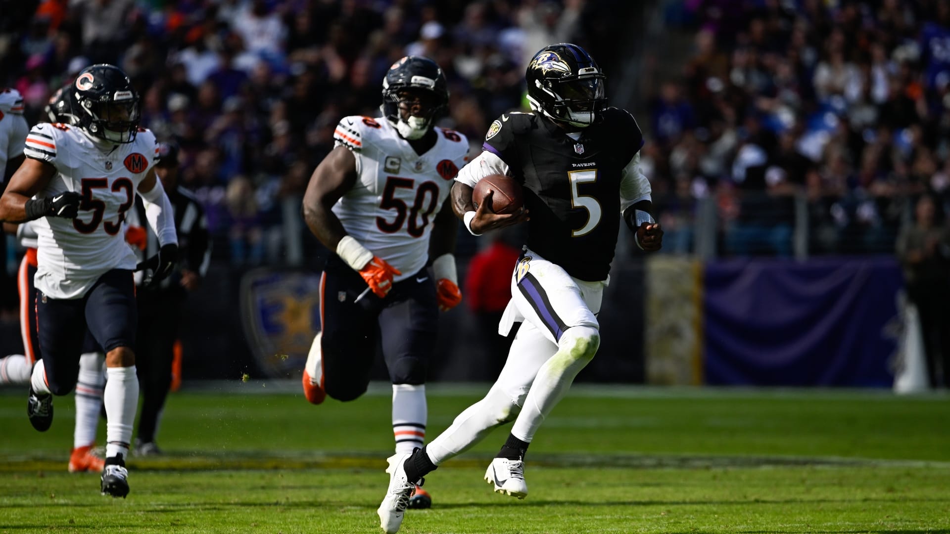Baltimore Ravens quarterback Tyler Huntley (5) rushes during the third quarter against the Chicago Bears at M&T Bank Stadium. Mandatory Credit: Tommy Gilligan-Imagn Images