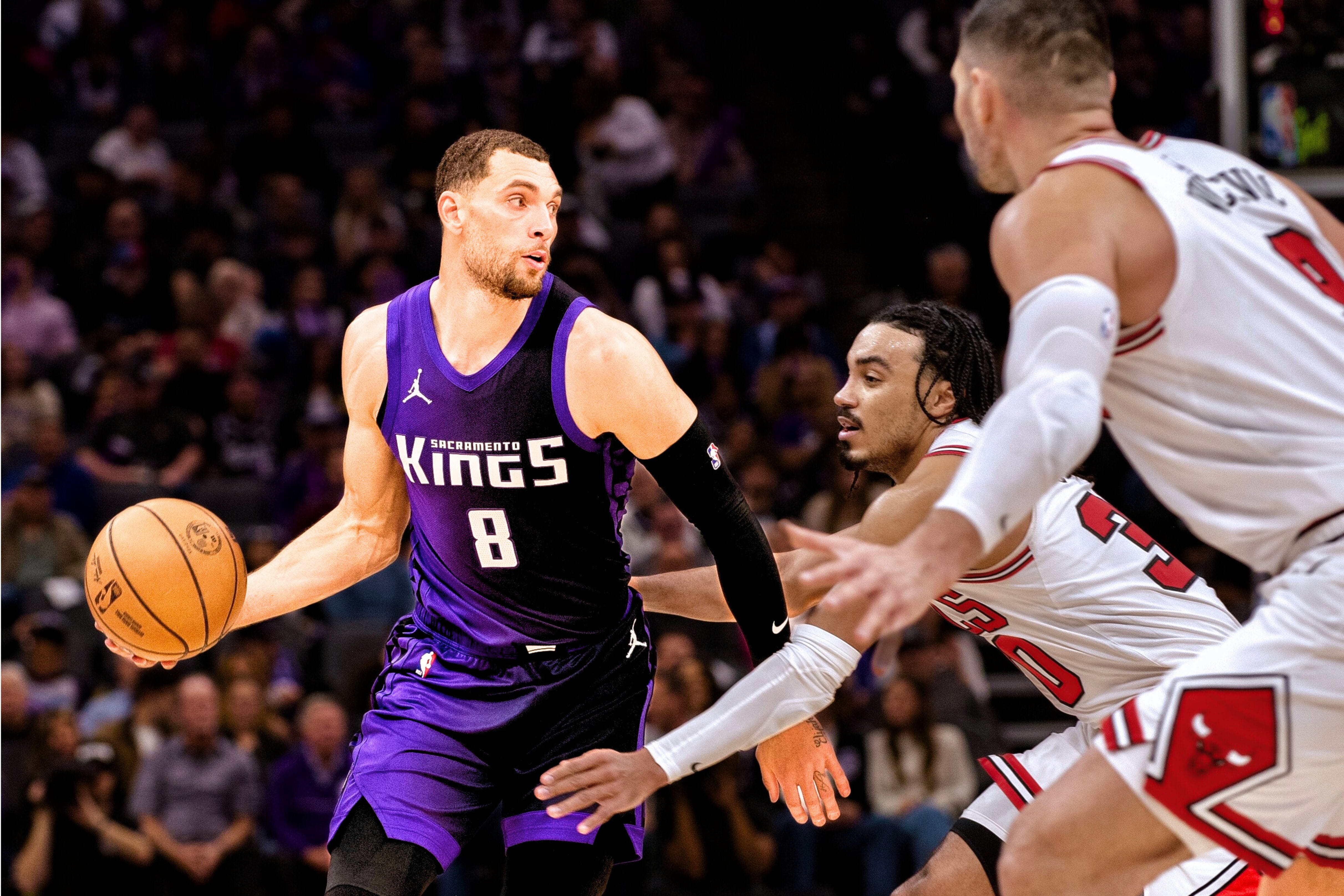 Mar 20, 2025; Sacramento, California, USA; Sacramento Kings guard Zach LaVine (8) controls the ball during the second quarter of the game against the Chicago Bulls at Golden 1 Center.