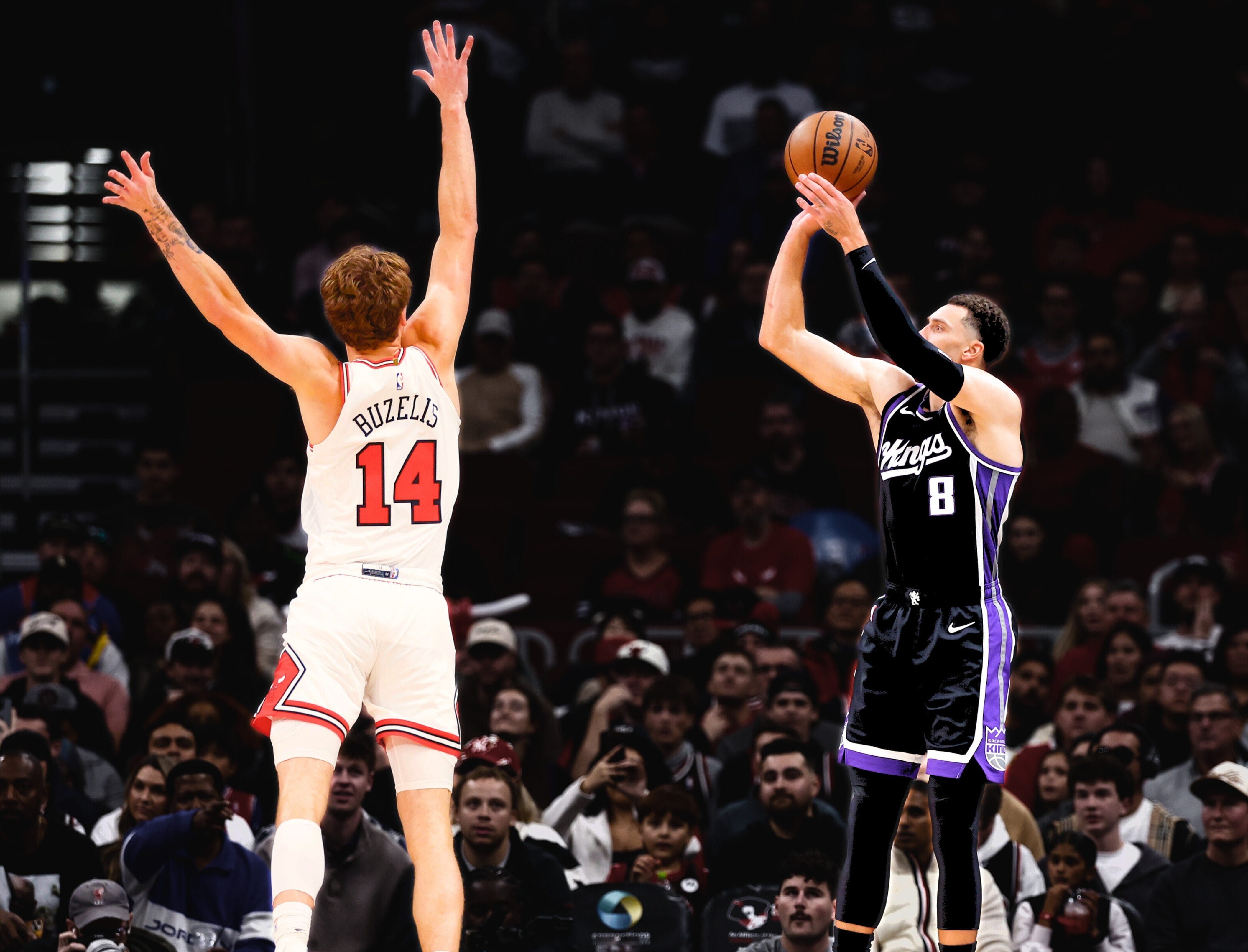 Oct 29 2025 Chicago Illinois USA Sacramento Kings guard Zach LaVine 8 shoots against Chicago Bulls forward Matas Buzelis 14 during the first half at United Center e1761800527135