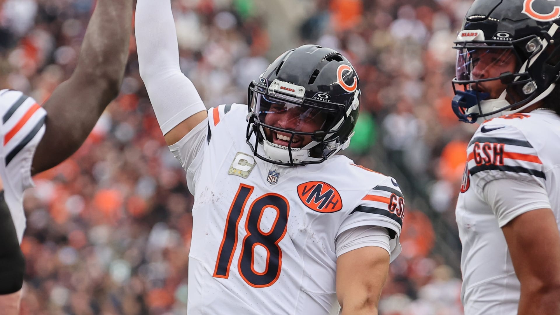 Chicago Bears quarterback Caleb Williams (18) celebrates with wide receiver Rome Odunze (15) after a Bears touchdown against the Cincinnati Bengals during the second quarter at Paycor Stadium.