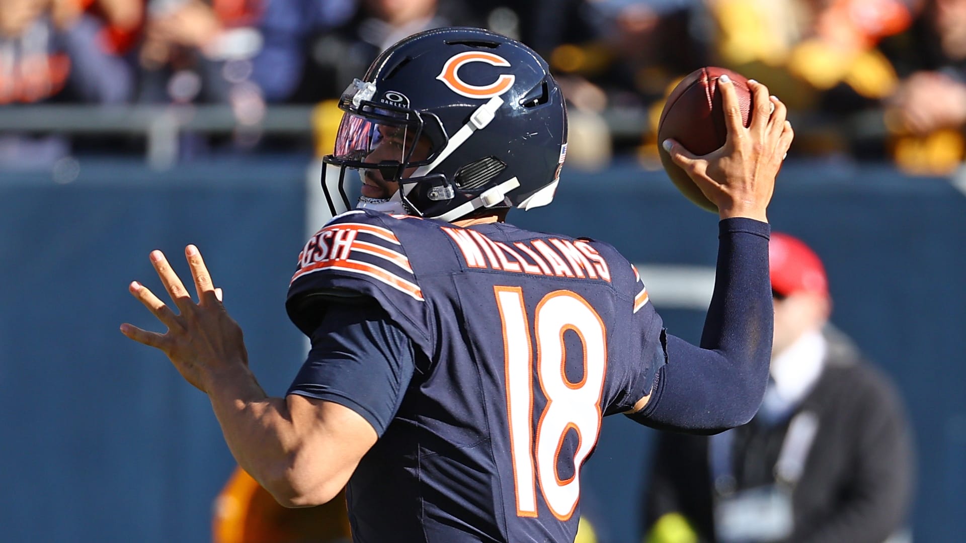 Chicago Bears quarterback Caleb Williams (18) drops back to pass against the Pittsburgh Steelers during the second half at Soldier Field. Mandatory Credit: Mike Dinovo-Imagn Images