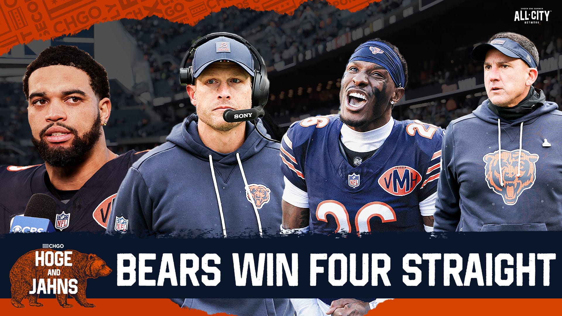 Chicago Bears' Caleb Williams, Ben Johnson, Nahshon Wright and Dennis Allen