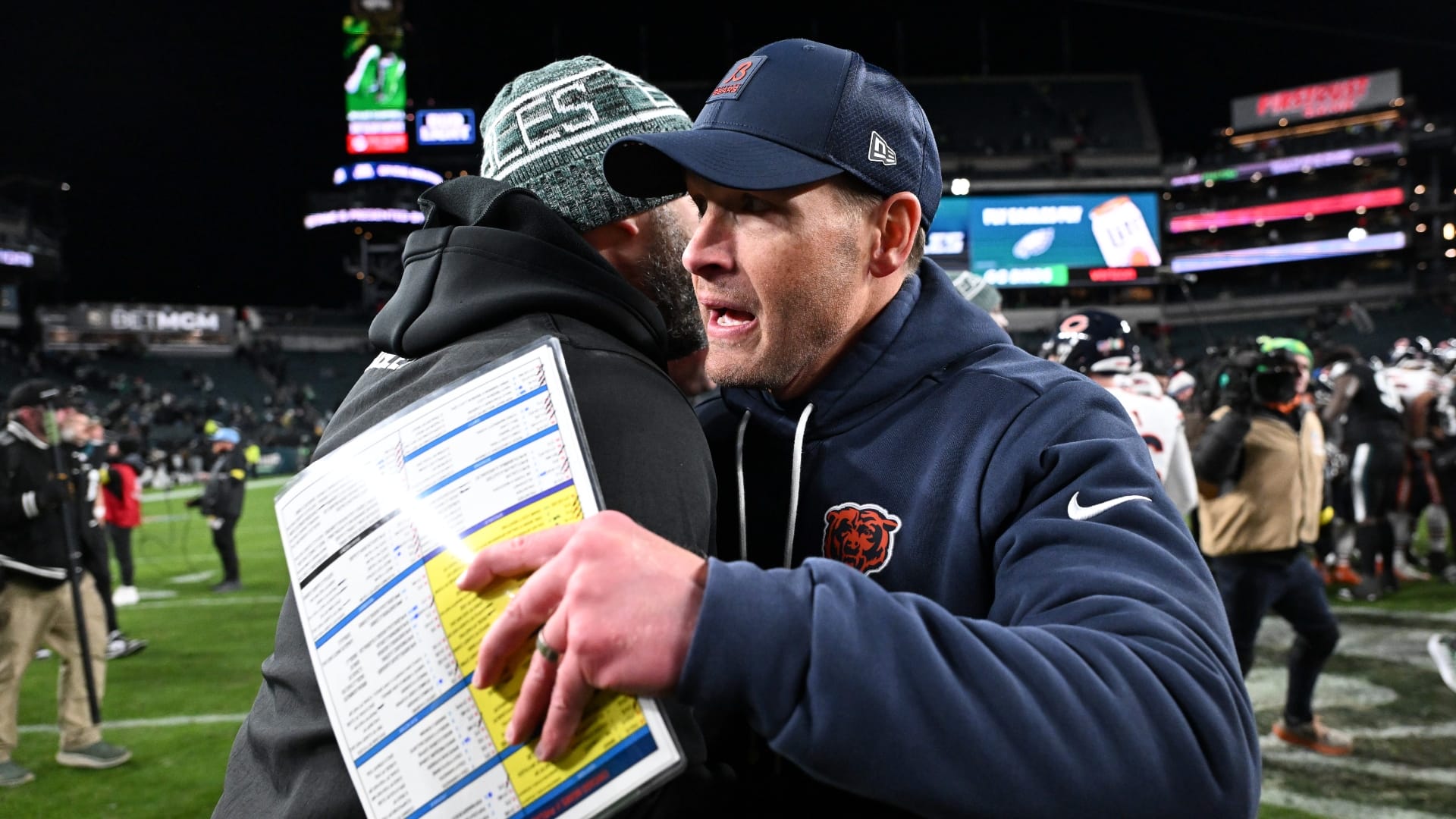 Philadelphia Eagles head coach Nick Sirianni speaks with Chicago Bears head coach Ben Johnson after the game at Lincoln Financial Field. Mandatory Credit: Eric Hartline-Imagn Images