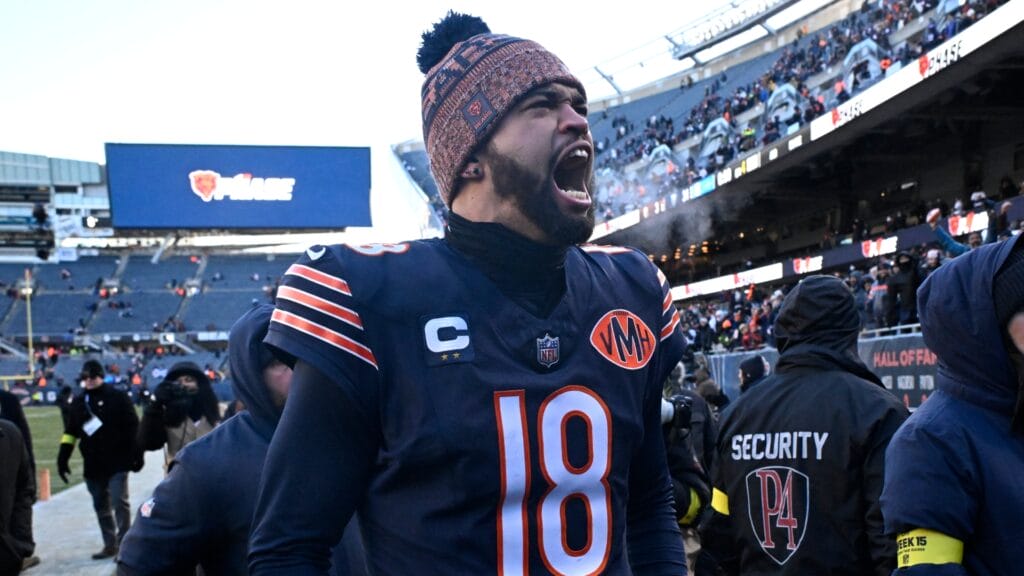 Chicago Bears quarterback Caleb Williams (18) celebrates after defeating the Cleveland Browns at Soldier Field. Mandatory Credit: Matt Marton-Imagn Images