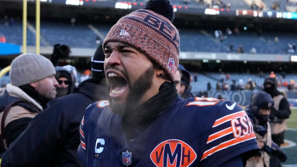 Chicago Bears quarterback Caleb Williams (18) celebrates after defeating the Cleveland Browns at Soldier Field. Mandatory Credit: David Banks-Imagn Images