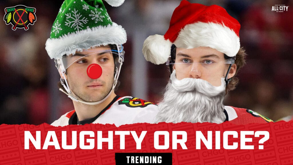 Chicago Blackhawks' Frank Nazar and Connor Bedard