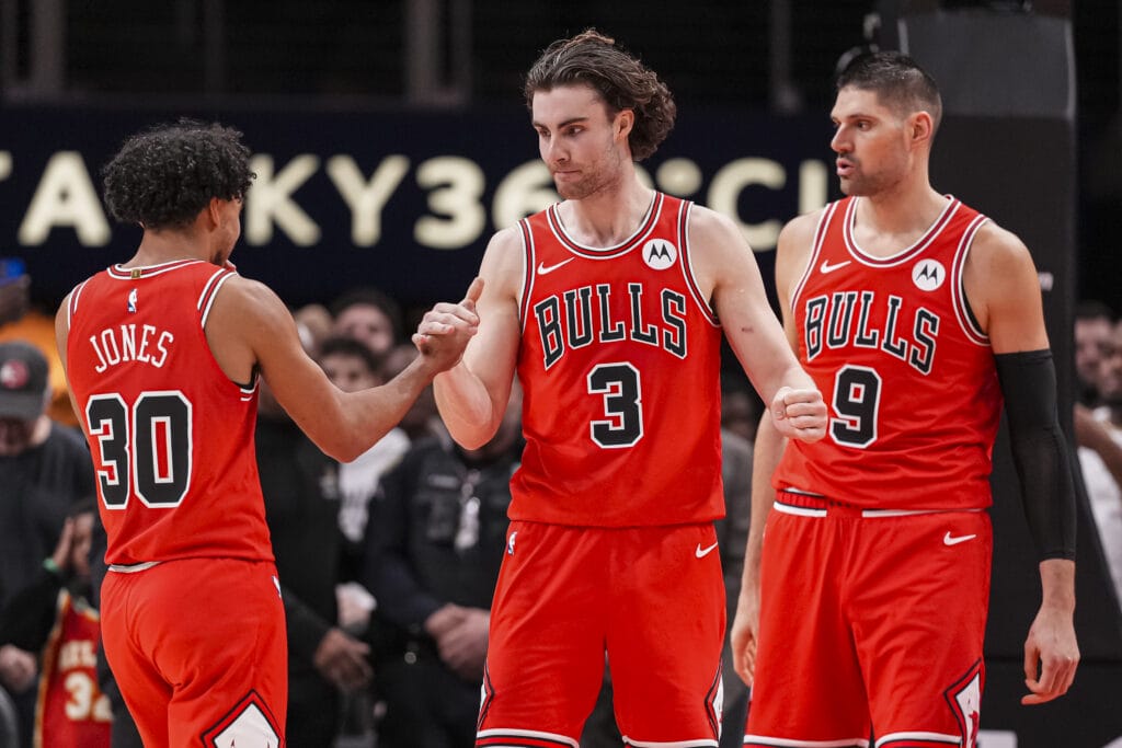 Bulls' Tre Jones, Josh Giddey, Nikola Vucevic