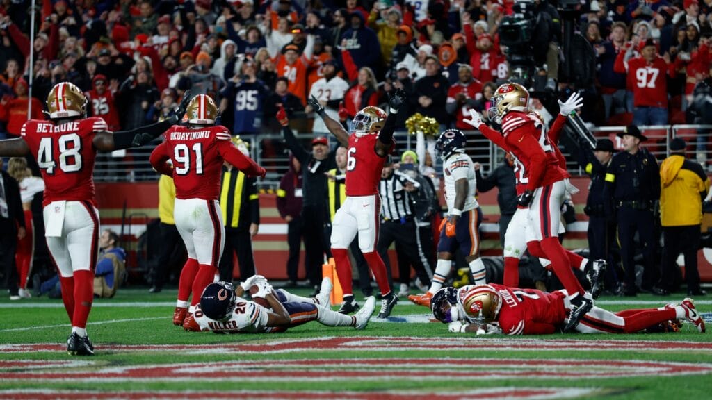 Dec 28, 2025; Santa Clara, California, USA; San Francisco 49ers defense celebrates after defeating the Chicago Bears at Levi's Stadium.