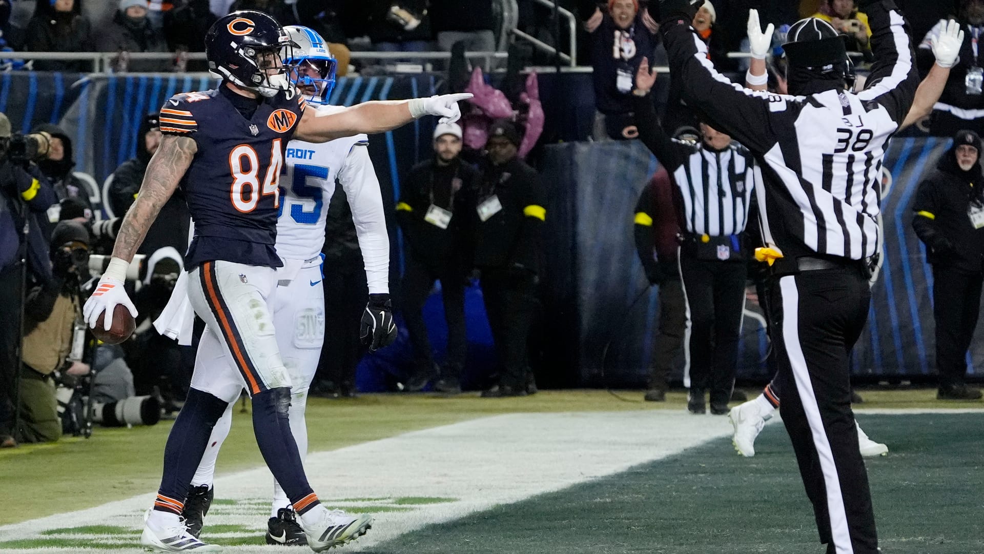 Jan 4, 2026; Chicago, Illinois, USA; Chicago Bears tight end Colston Loveland (84) reacts after making a catch for a touchdown against the Detroit Lions during the second half at Soldier Field.