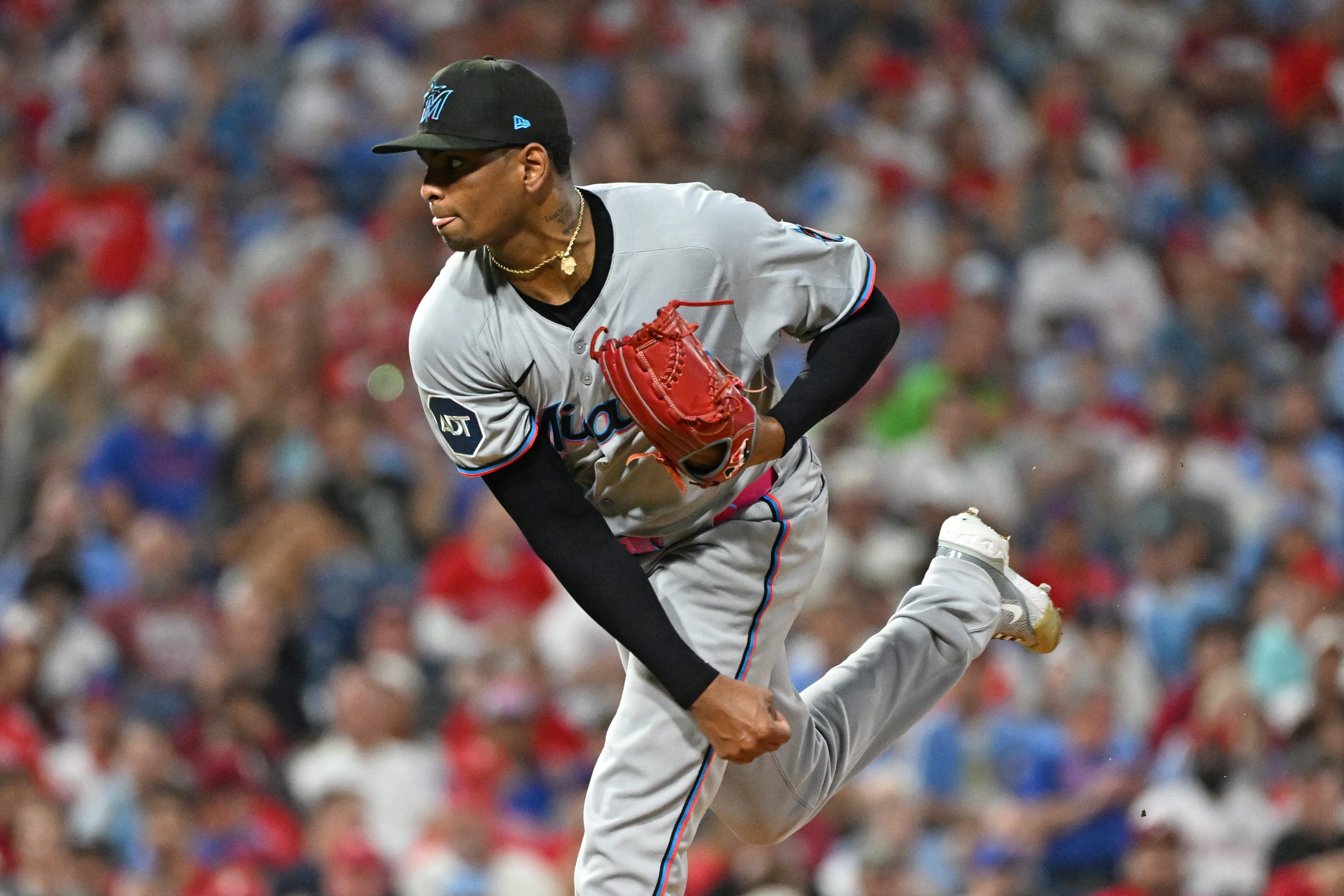 Sep 23, 2025; Philadelphia, Pennsylvania, USA; Miami Marlins pitcher Edward Cabrera (27) throws a pitch during the second inning against the Philadelphia Phillies at Citizens Bank Park.