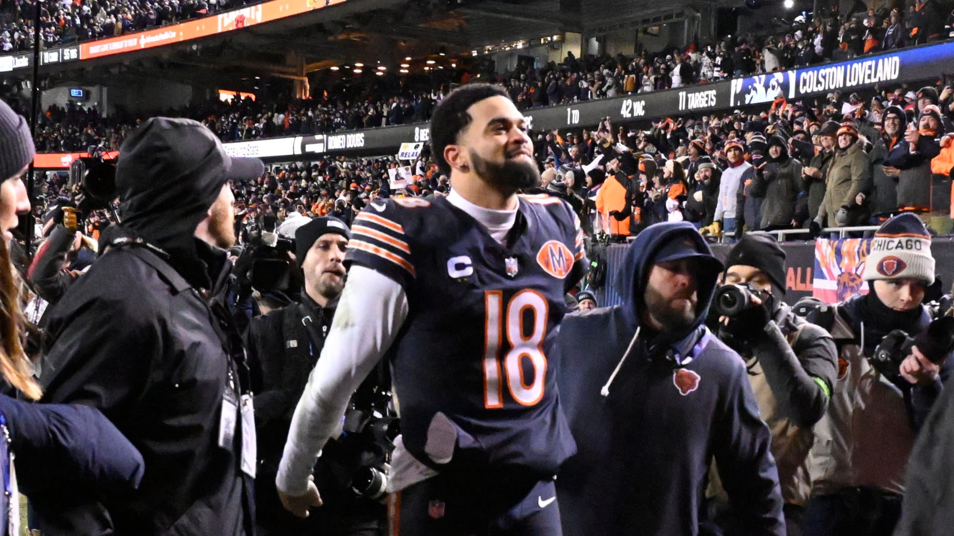 Jan 10, 2026; Chicago, IL, USA; Chicago Bears quarterback Caleb Williams (18) leaves the field following a game against the Green Bay Packers in an NFC Wild Card Round game at Soldier Field. Mandatory Credit: Matt Marton-Imagn Images