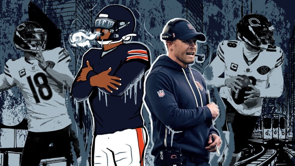 Chicago Bears' Caleb Williams and Ben Johnson