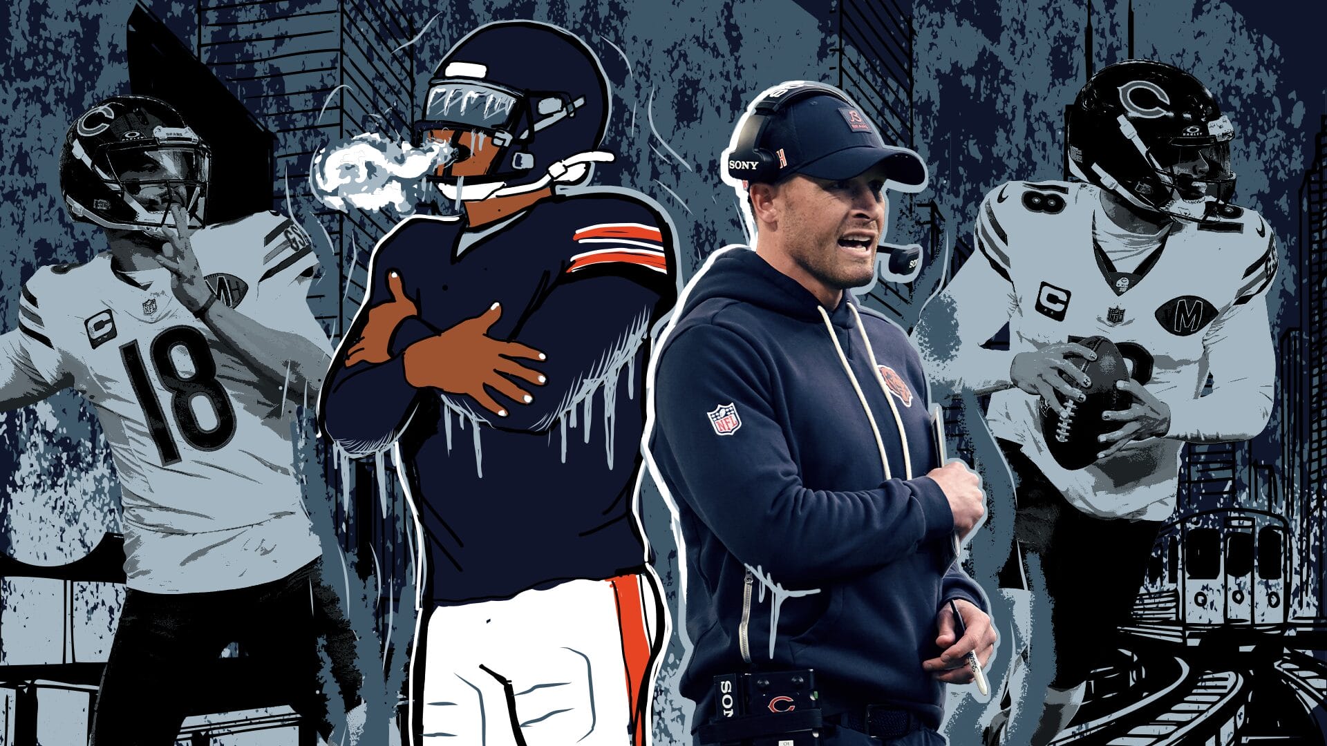 Chicago Bears' Caleb Williams and Ben Johnson