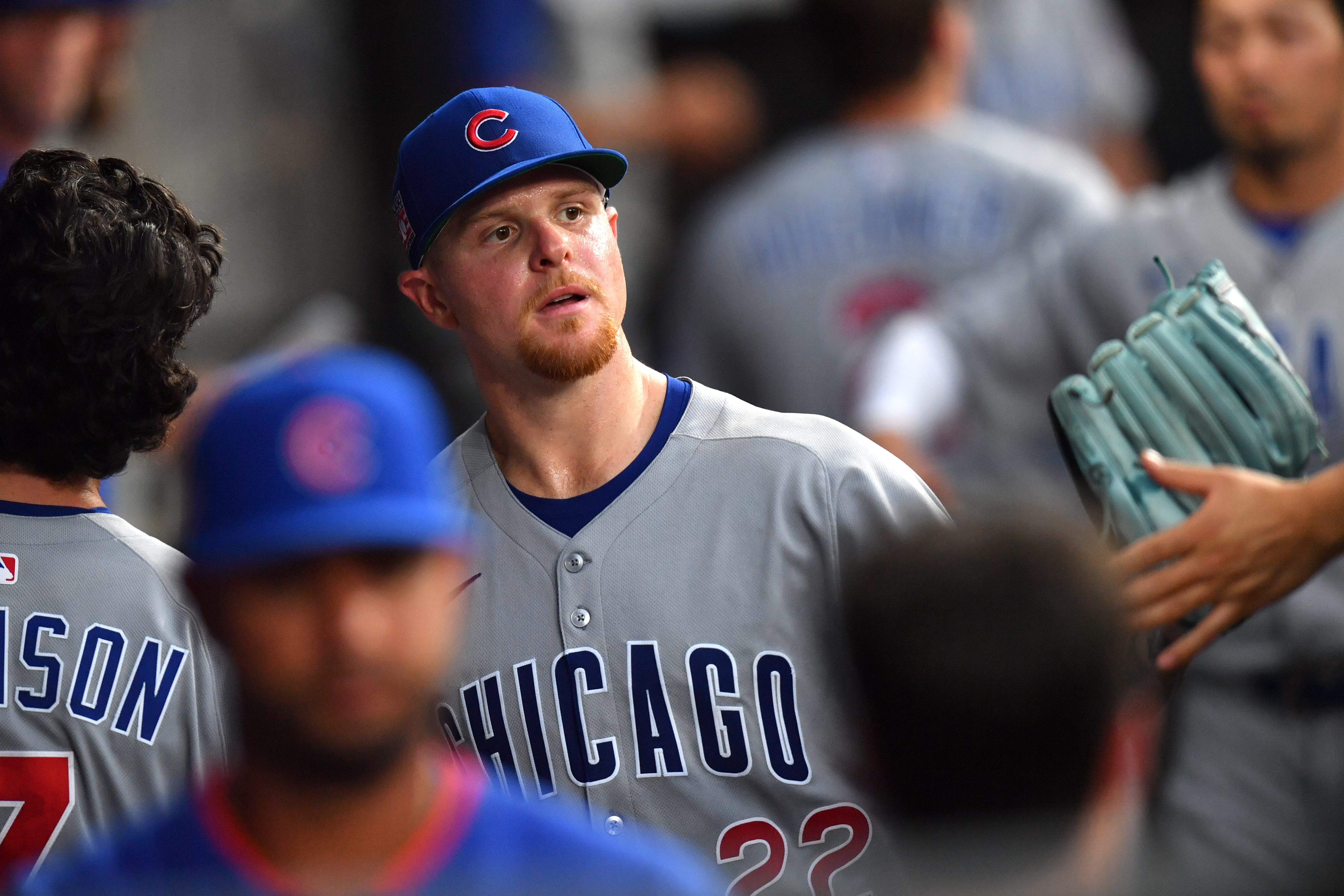 Jul 26, 2025; Chicago, Illinois, USA; Chicago Cubs starting pitcher Cade Horton (22) celebrates with teammates in the dugout after ending the sixth inning against the Chicago Cubs at Rate Field.